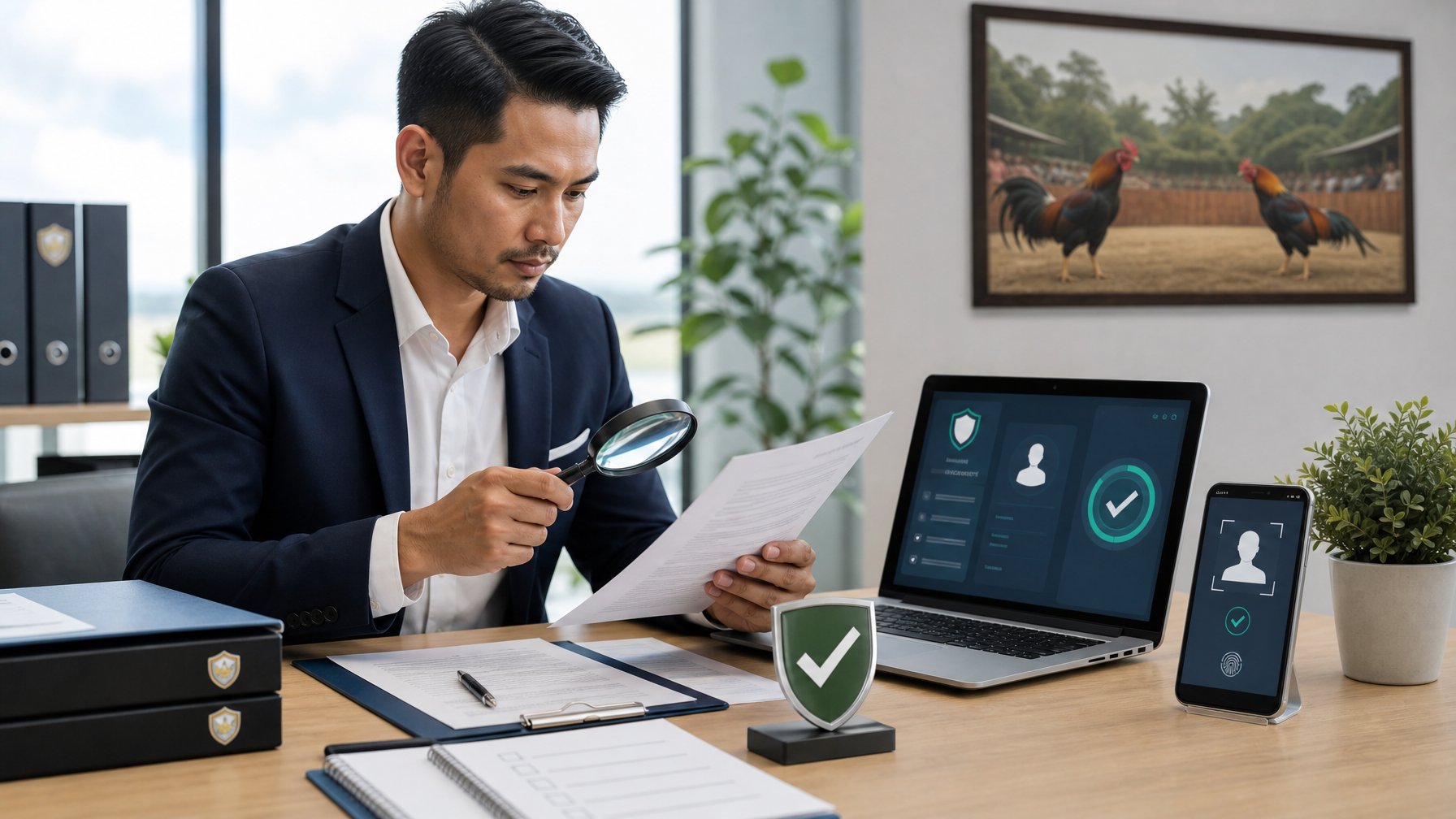 Seorang profesional memeriksa dokumen lisensi dan perangkat digital dalam suasana kantor, dengan simbol verifikasi serta gambar ayam jantan yang tidak menunjukkan kekerasan.
