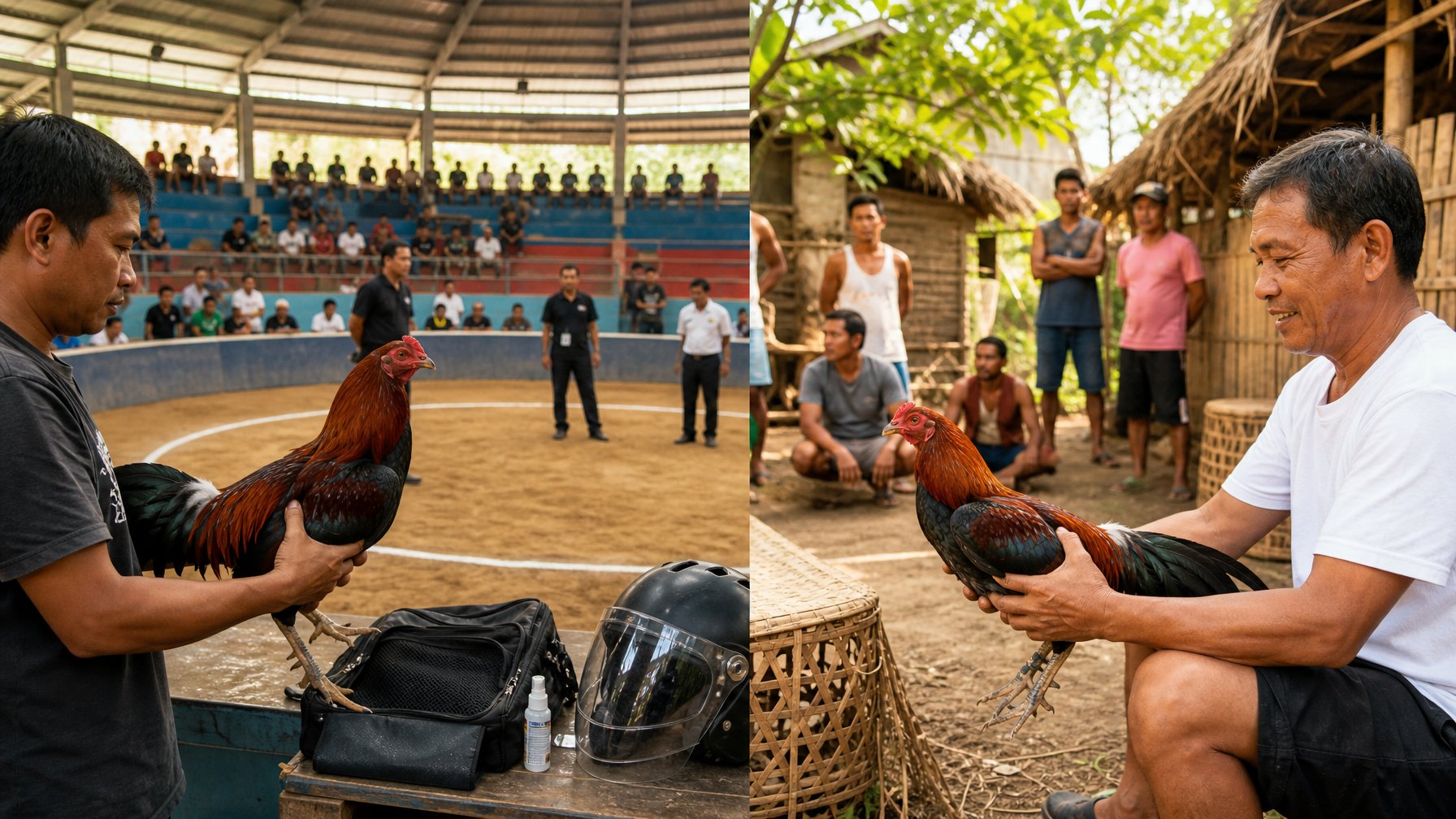 Perbandingan suasana arena sabung ayam modern yang tertata dan lingkungan desa dengan tradisi sabung ayam yang sederhana.