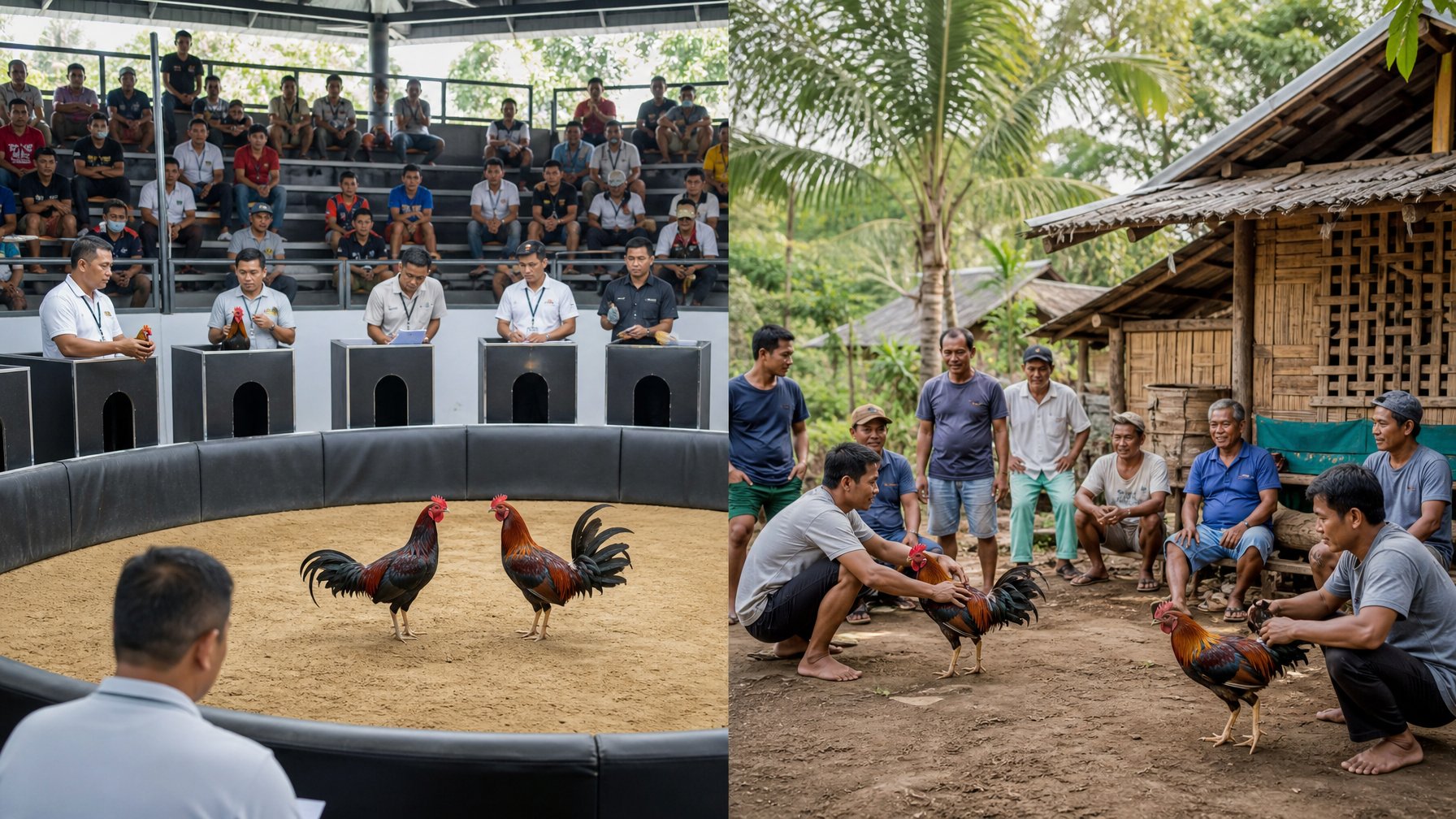 Arena pertandingan ayam yang tertata di Filipina berdampingan dengan suasana tradisional pedesaan dan masyarakat yang berkumpul.