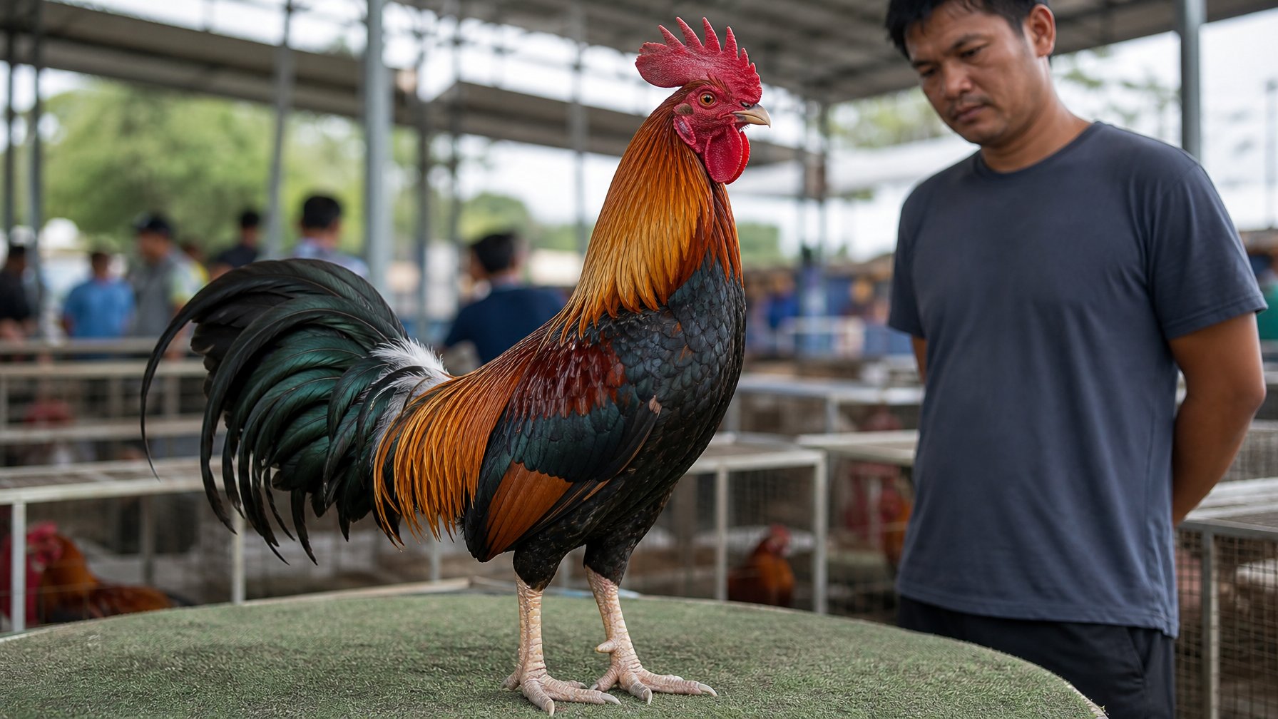 Ayam jantan sehat berdiri tegap di dalam kandang bersih dengan seorang pengamat di latar belakang.