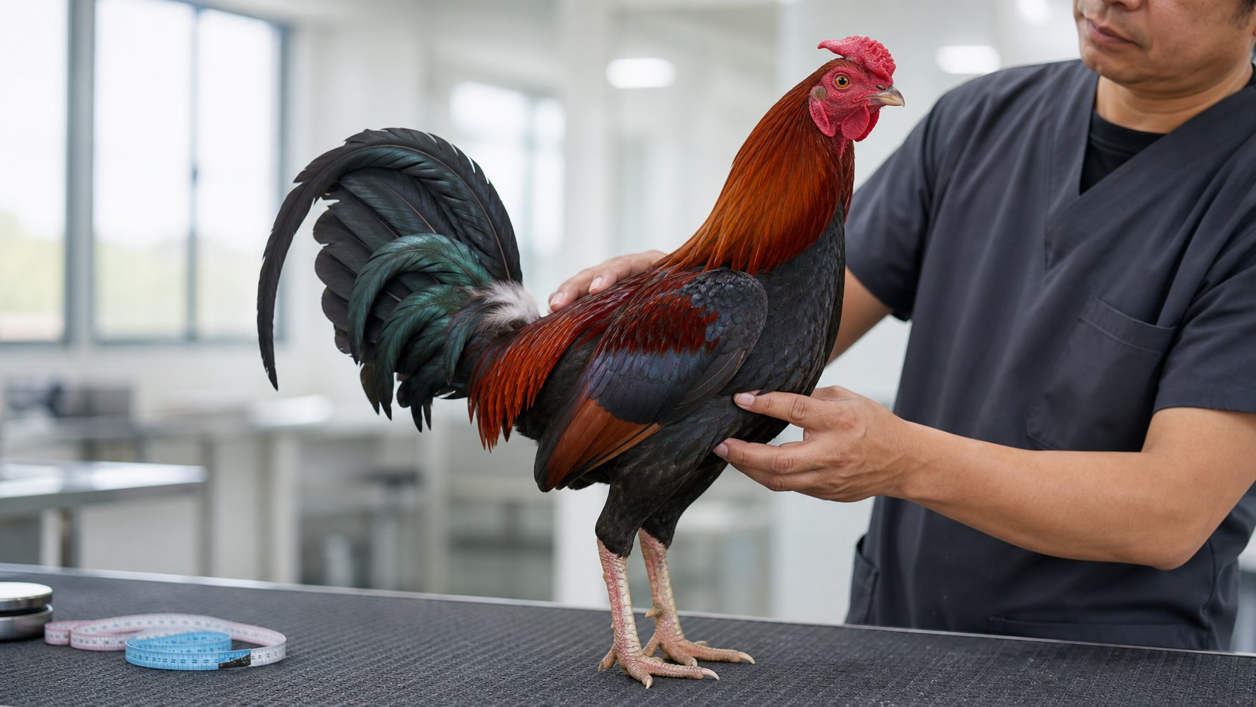 Seekor ayam jantan sehat berdiri saat diperiksa kondisi fisik dan anatominya di fasilitas yang bersih.