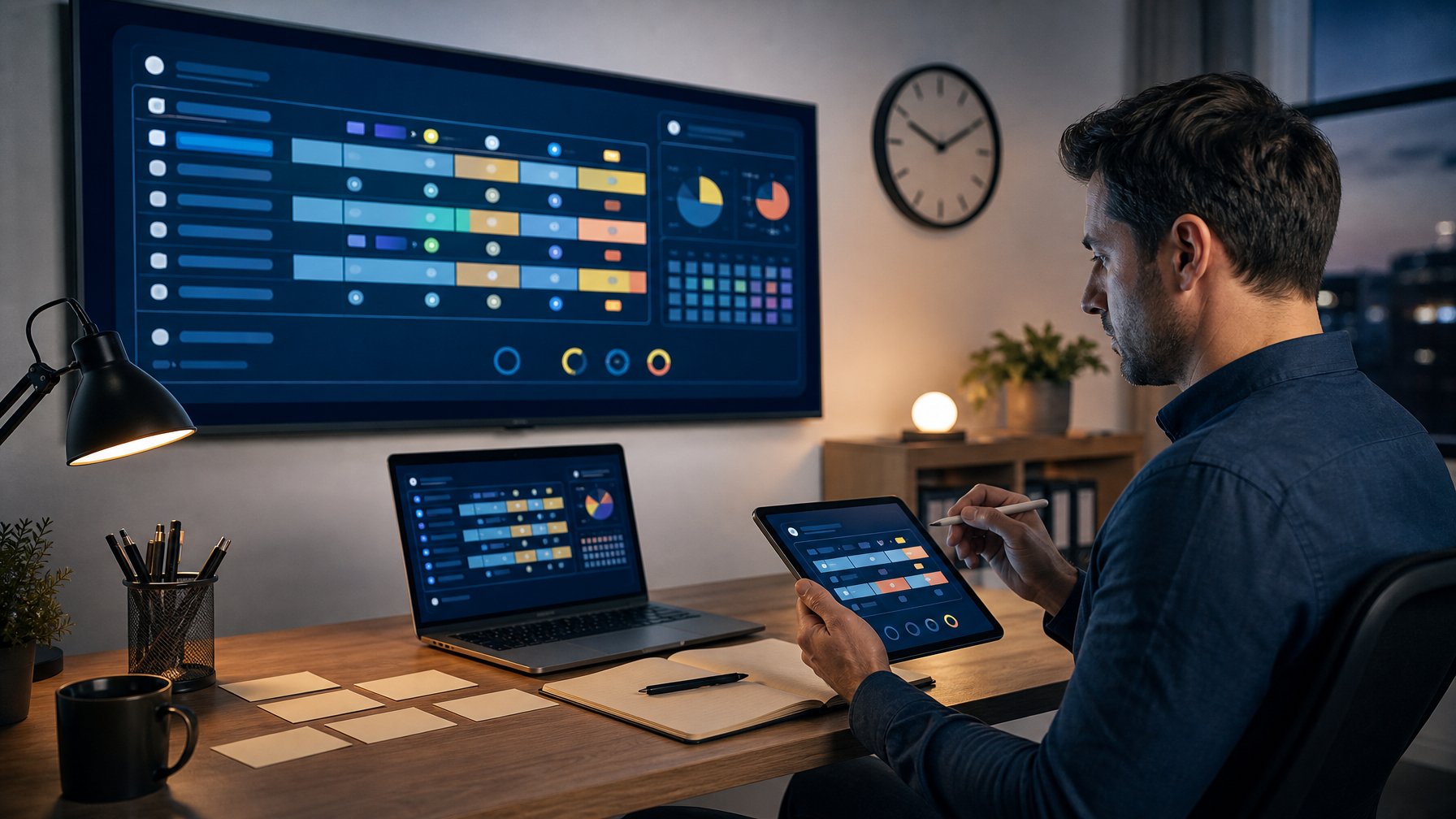 Seseorang memantau jadwal pertandingan langsung melalui laptop dan tablet di ruang kerja modern.