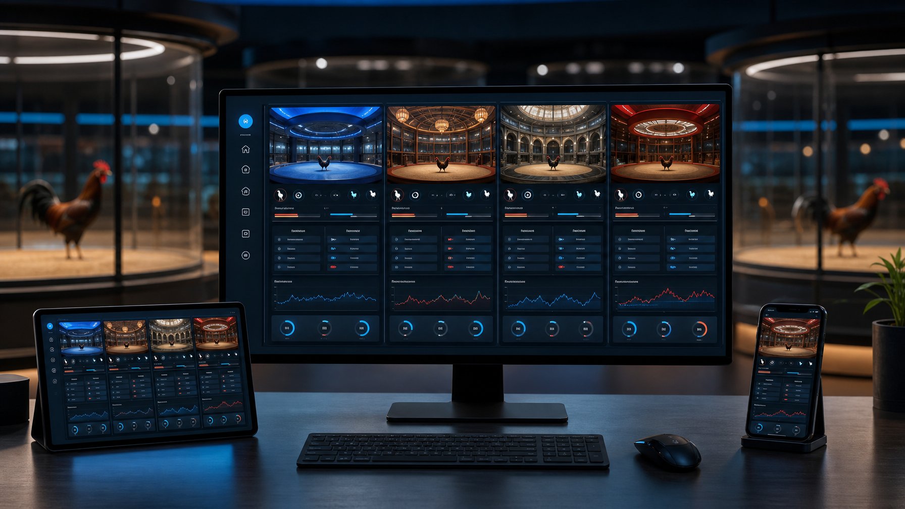 Meja kerja modern dengan beberapa layar yang menampilkan berbagai arena digital dan siluet ayam jantan dalam arena terpisah.
