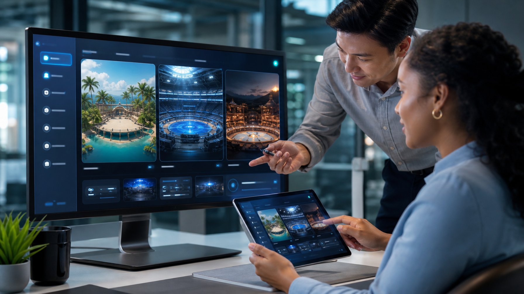 Pengguna menjelajahi beberapa arena digital melalui perangkat modern di ruang kerja.