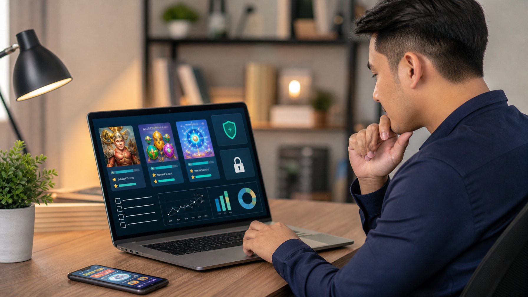 Seseorang membandingkan beberapa platform permainan daring di laptop dengan simbol keamanan dan grafik analisis di meja kerja.