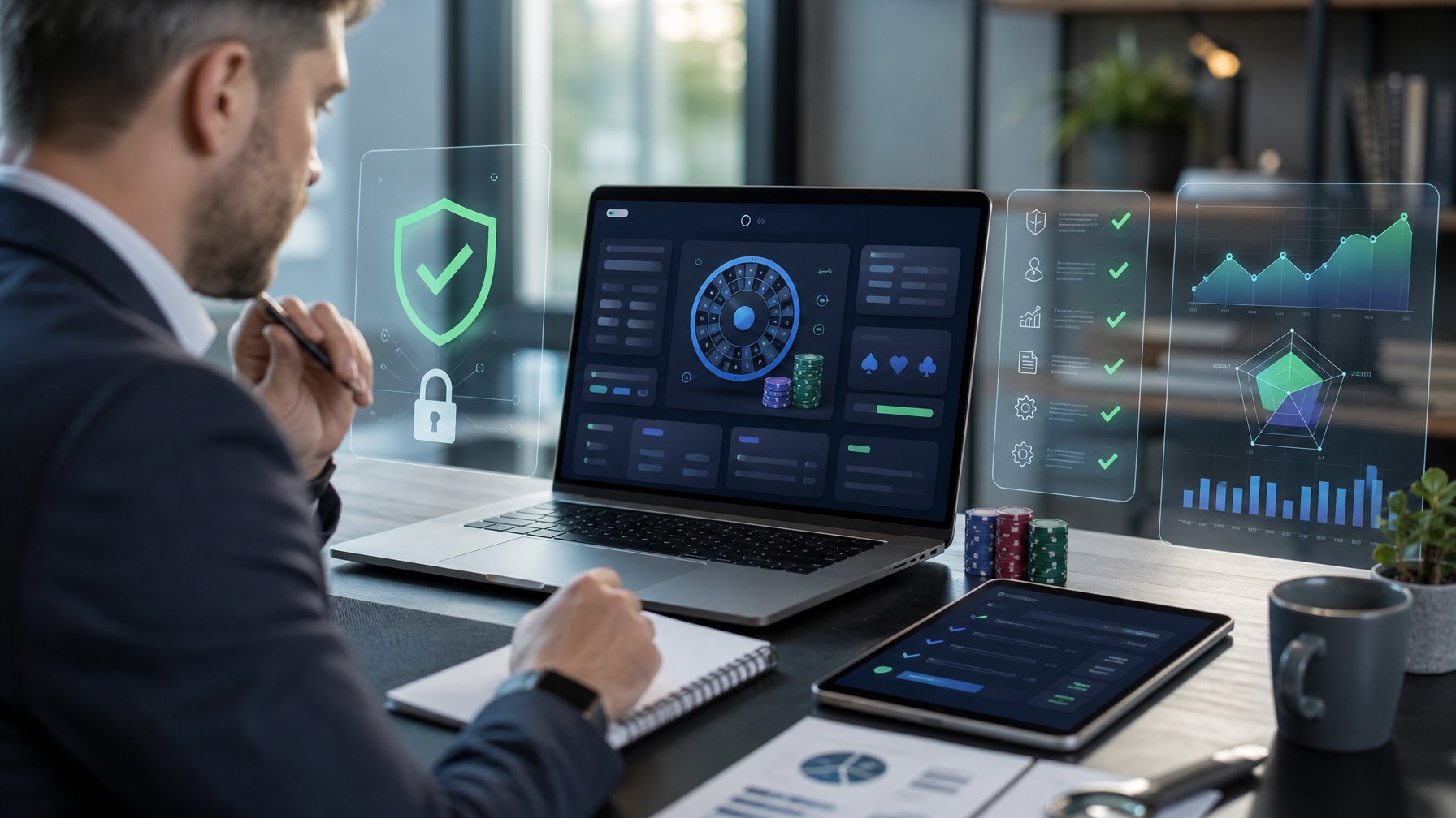 Seorang profesional menilai keamanan dan kredibilitas platform permainan online menggunakan laptop, tablet, dan grafik analitik.