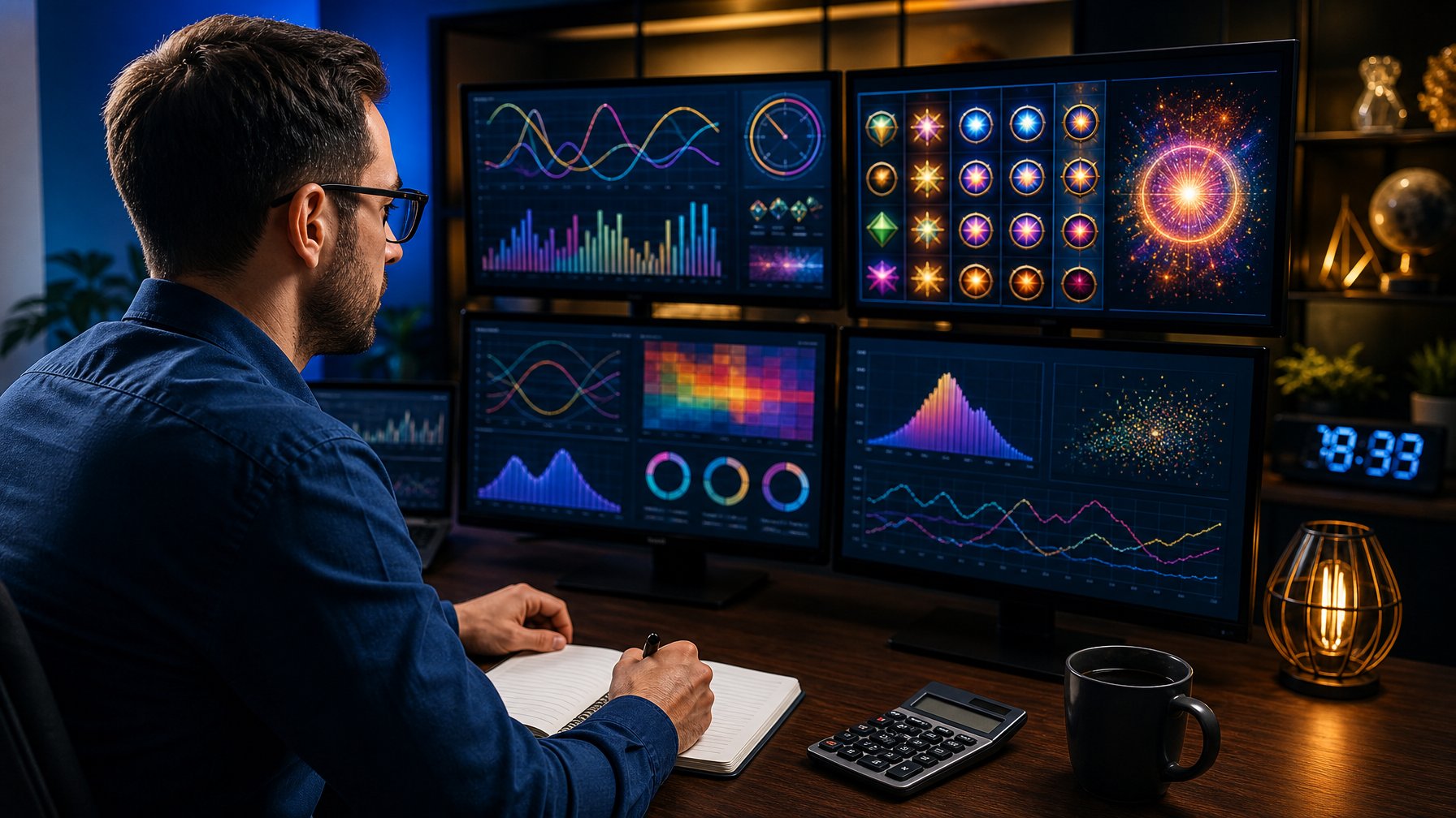 Seseorang menganalisis tampilan data abstrak pada beberapa monitor di meja kerja modern.