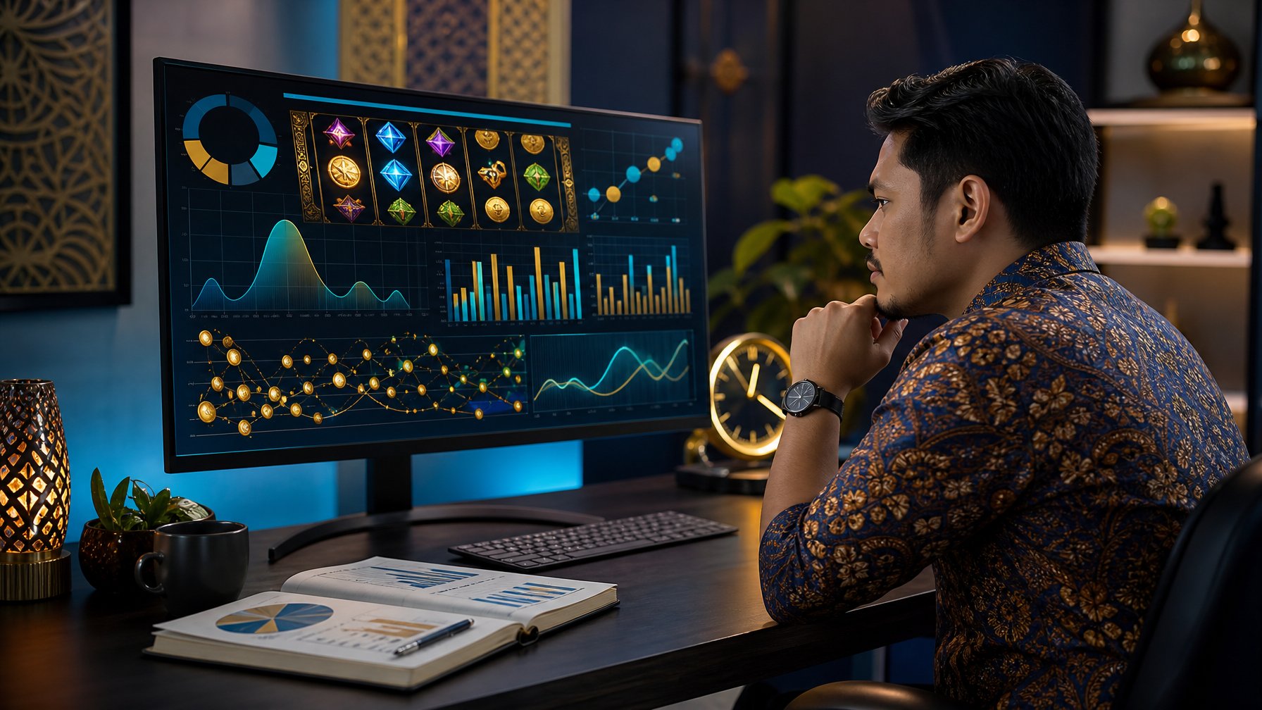 Seorang pemain menganalisis data permainan slot pada monitor dengan grafik dan simbol volatilitas.