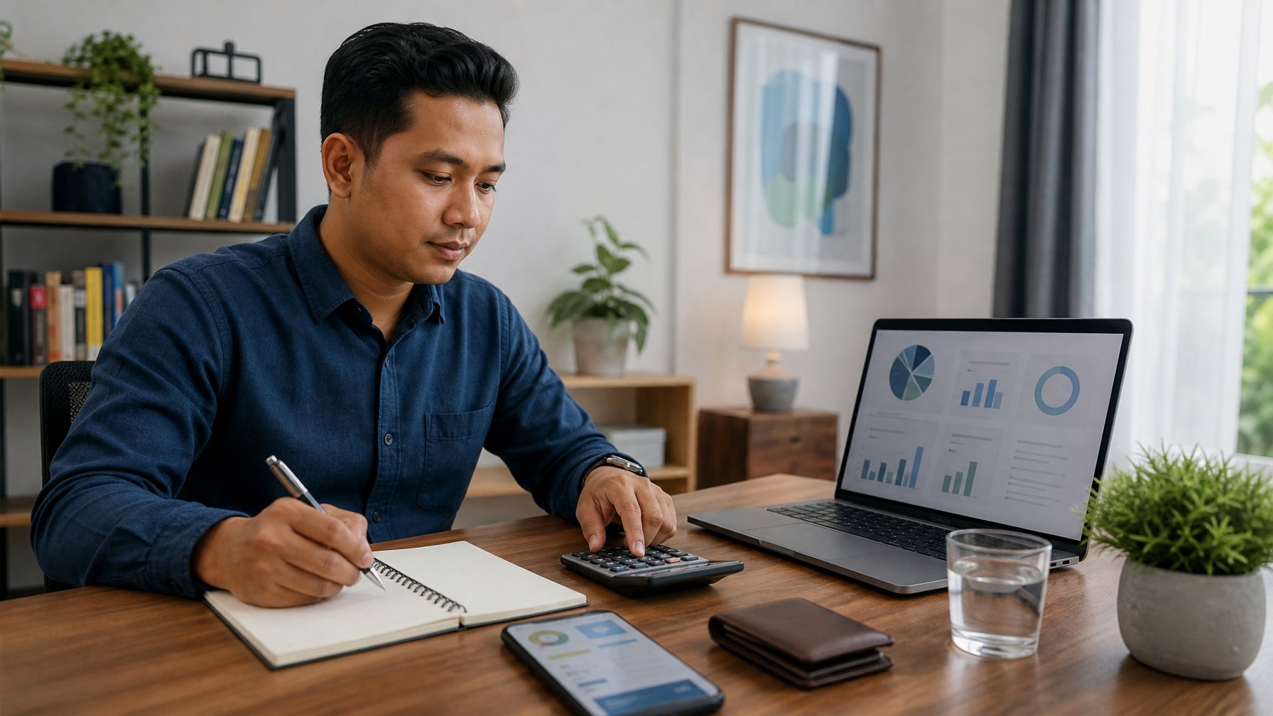 Orang dewasa sedang meninjau anggaran di meja kerja dengan laptop, kalkulator, dan buku catatan.