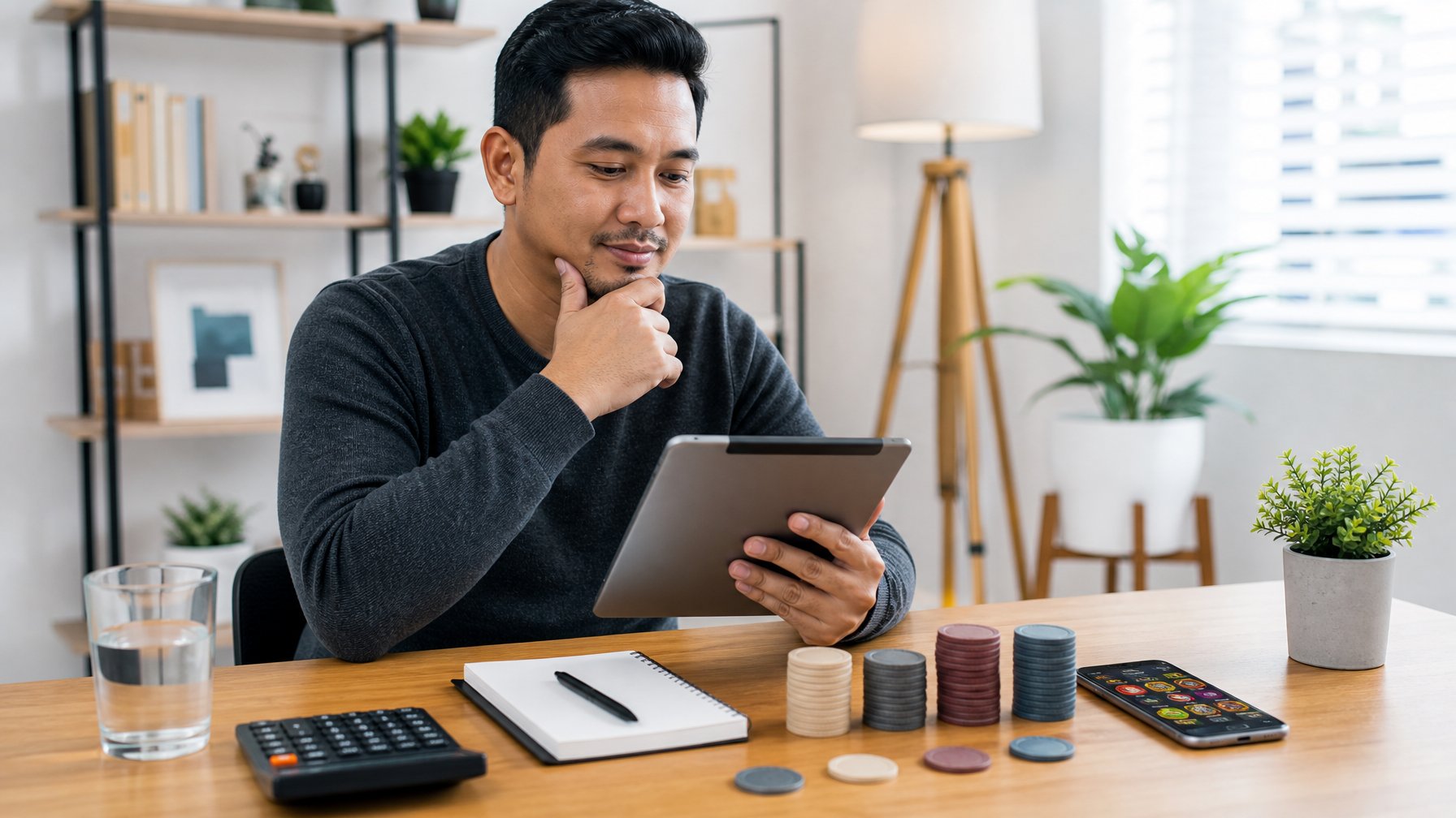 Orang dewasa meninjau anggaran hiburan dan batas kerugian di meja kerja dengan tablet, kalkulator, dan token.