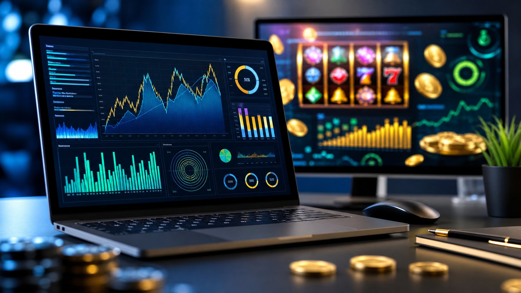 Meja kerja modern dengan laptop yang menampilkan analisis grafik dan elemen visual mesin slot digital.