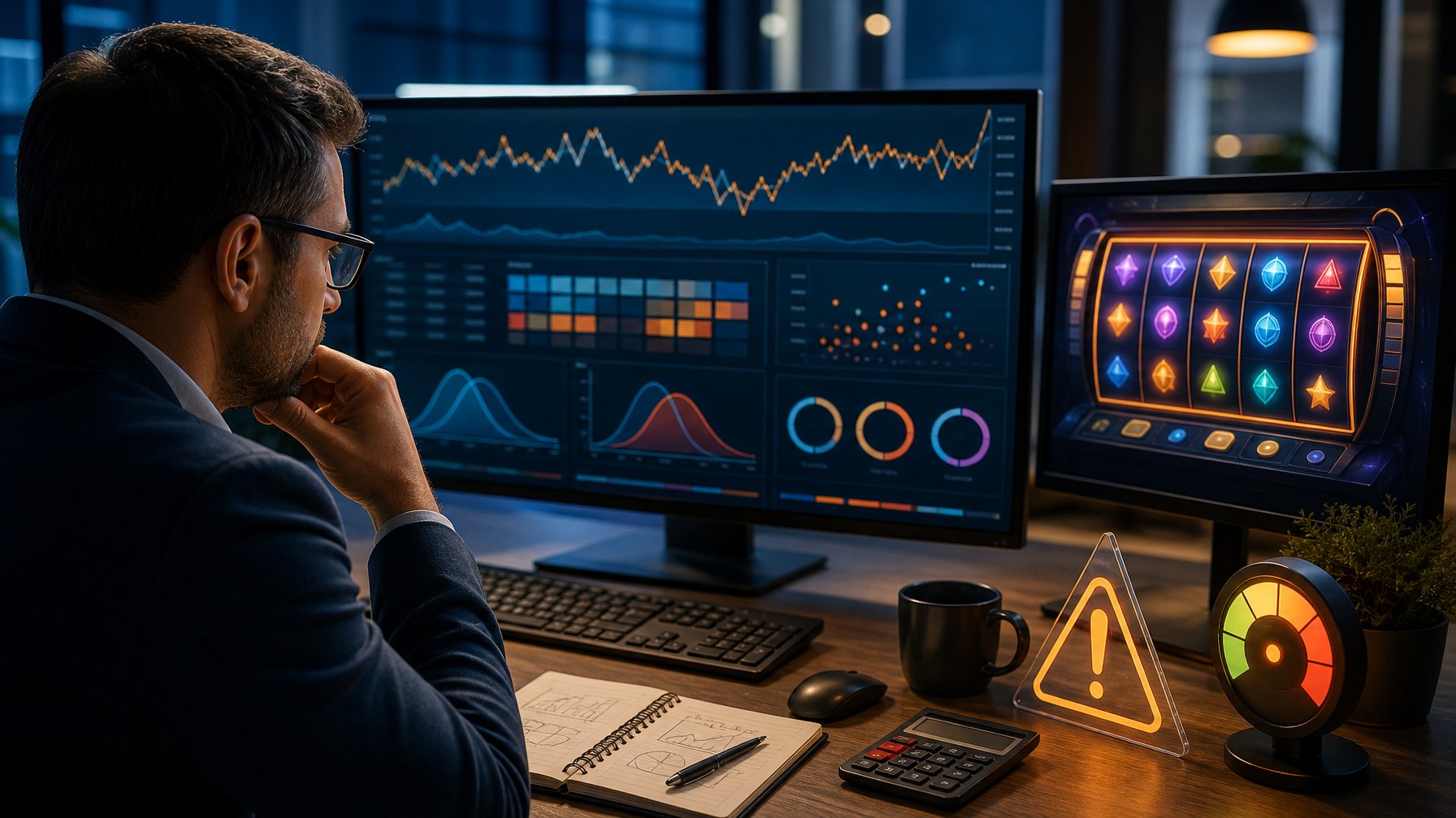 Seorang analis meninjau grafik risiko dan data permainan pada beberapa layar di ruang kerja modern.