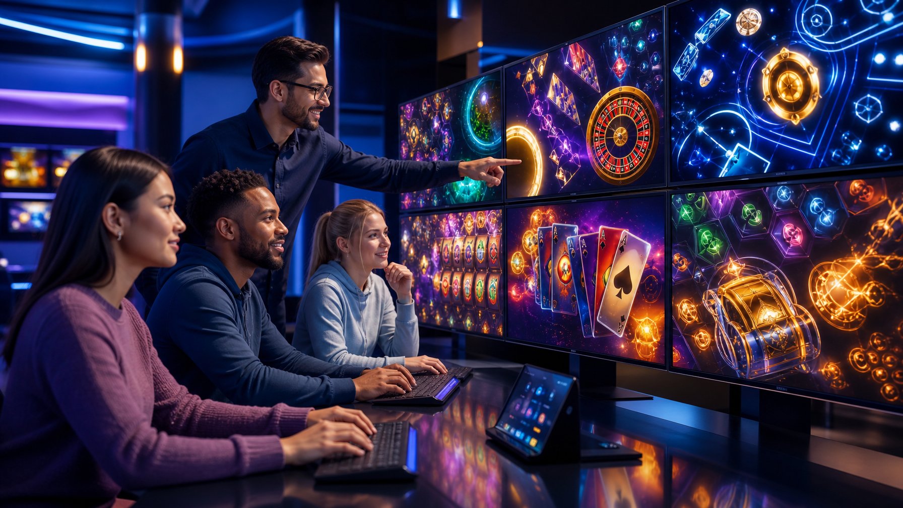 Sekelompok orang dewasa melihat layar permainan digital di ruang gaming modern.
