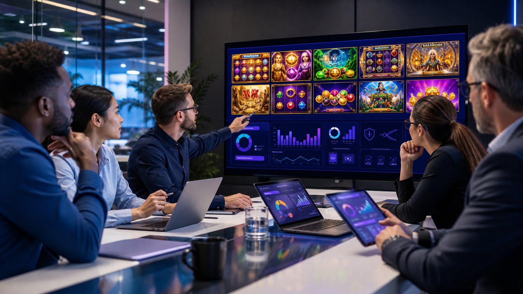 Tim profesional meninjau berbagai permainan digital dan analitik platform di kantor modern.