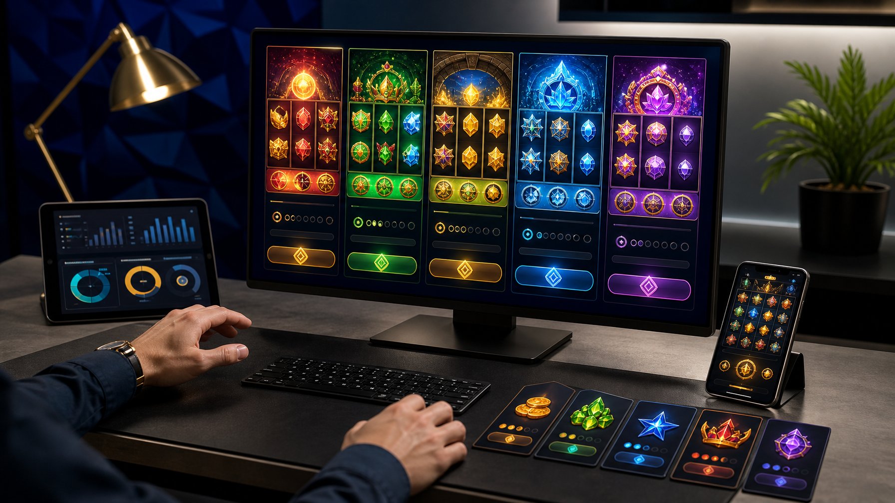 Meja kerja modern dengan monitor yang menampilkan beberapa antarmuka permainan slot abstrak dan grafik perbandingan.