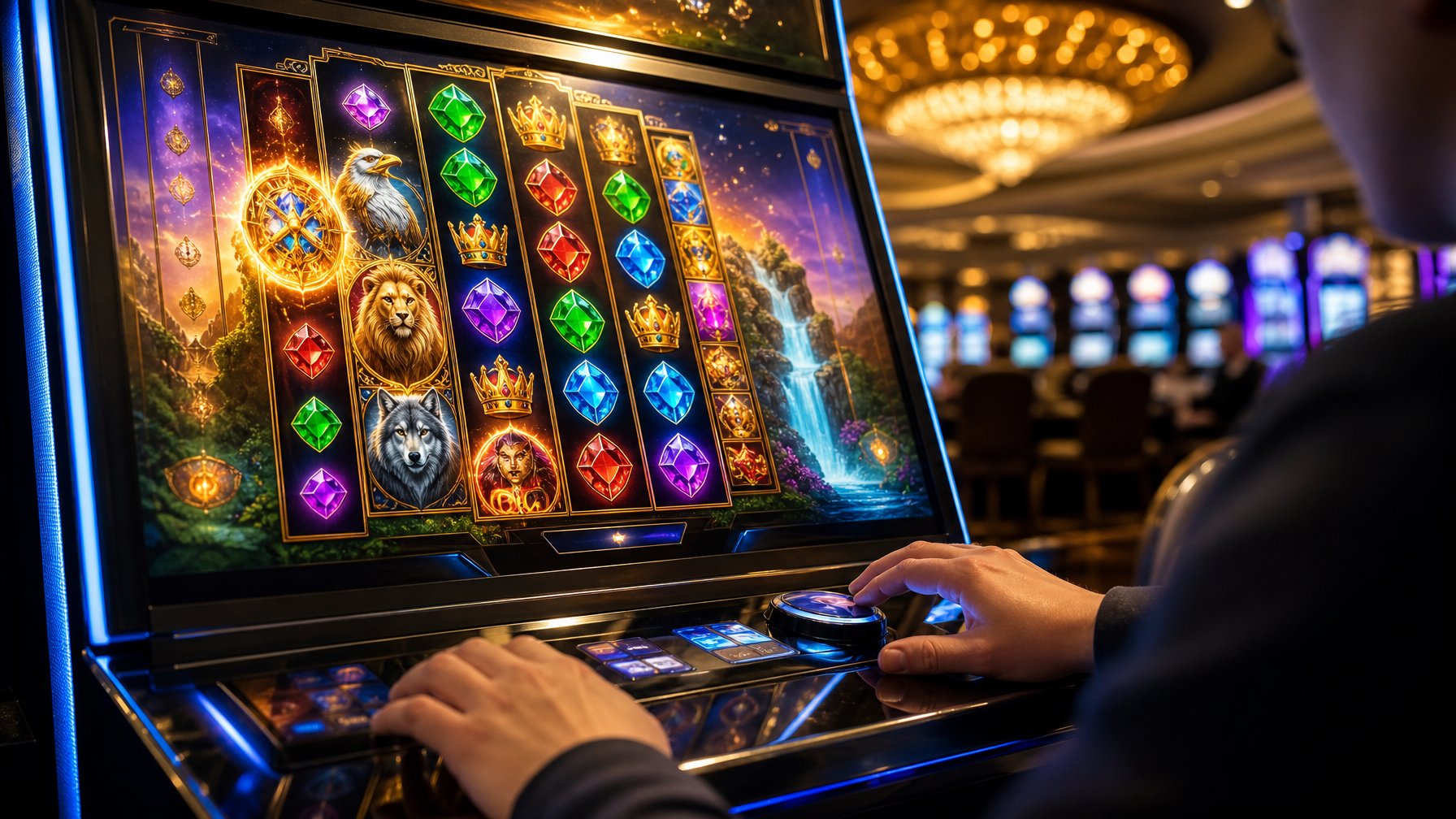 Mesin slot modern dengan gulungan bercahaya dan simbol warna-warni di lingkungan kasino.