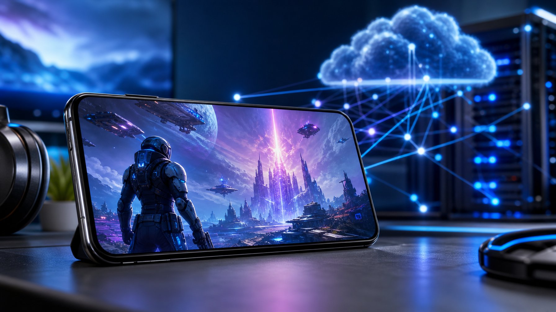 Ponsel modern menampilkan lingkungan permainan digital futuristis dengan latar jaringan teknologi yang terhubung.