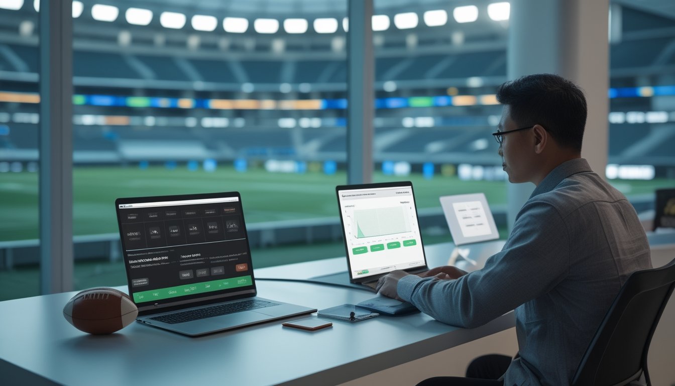 Seseorang membandingkan pilihan pasar taruhan sepak bola di meja kerja dengan laptop, ponsel, kalkulator, dan bola sepak.