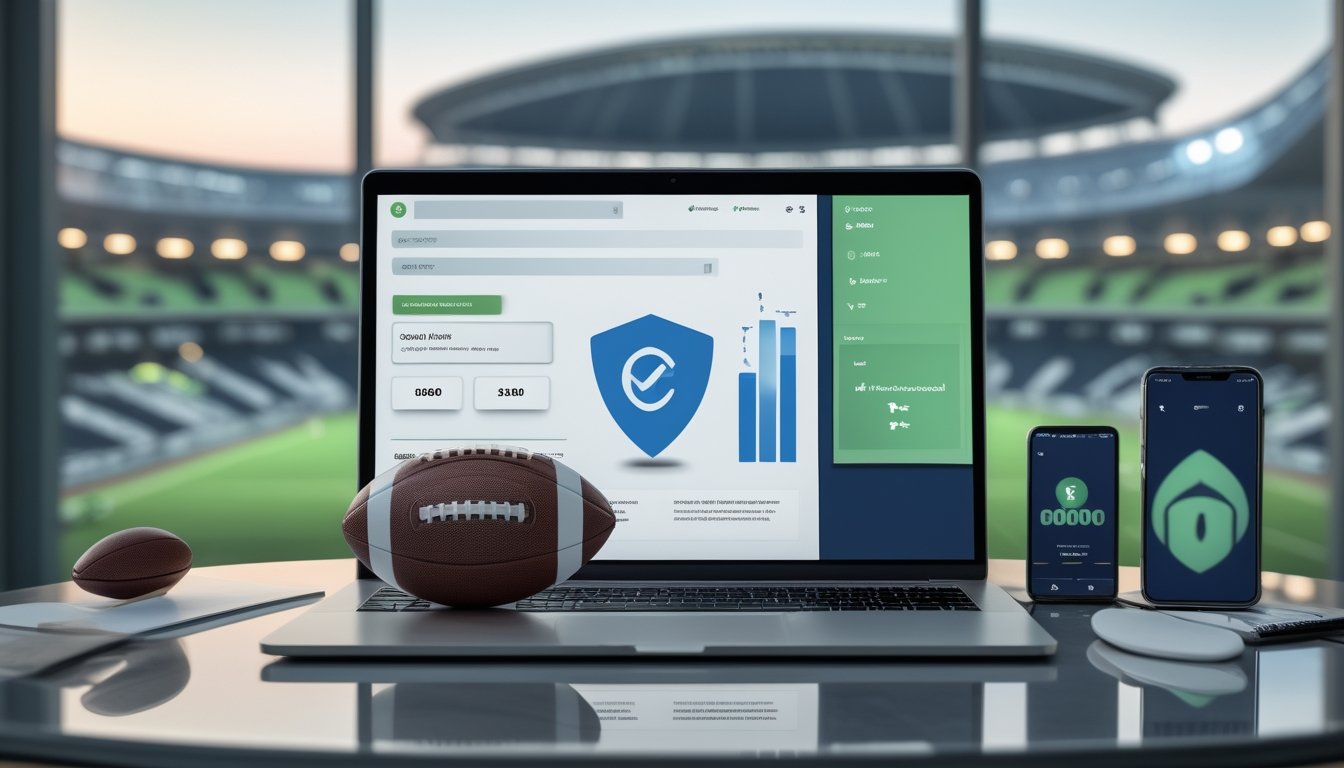 Laptop dengan analisis sepak bola abstrak, ikon keamanan digital, bola, dan latar stadion modern.