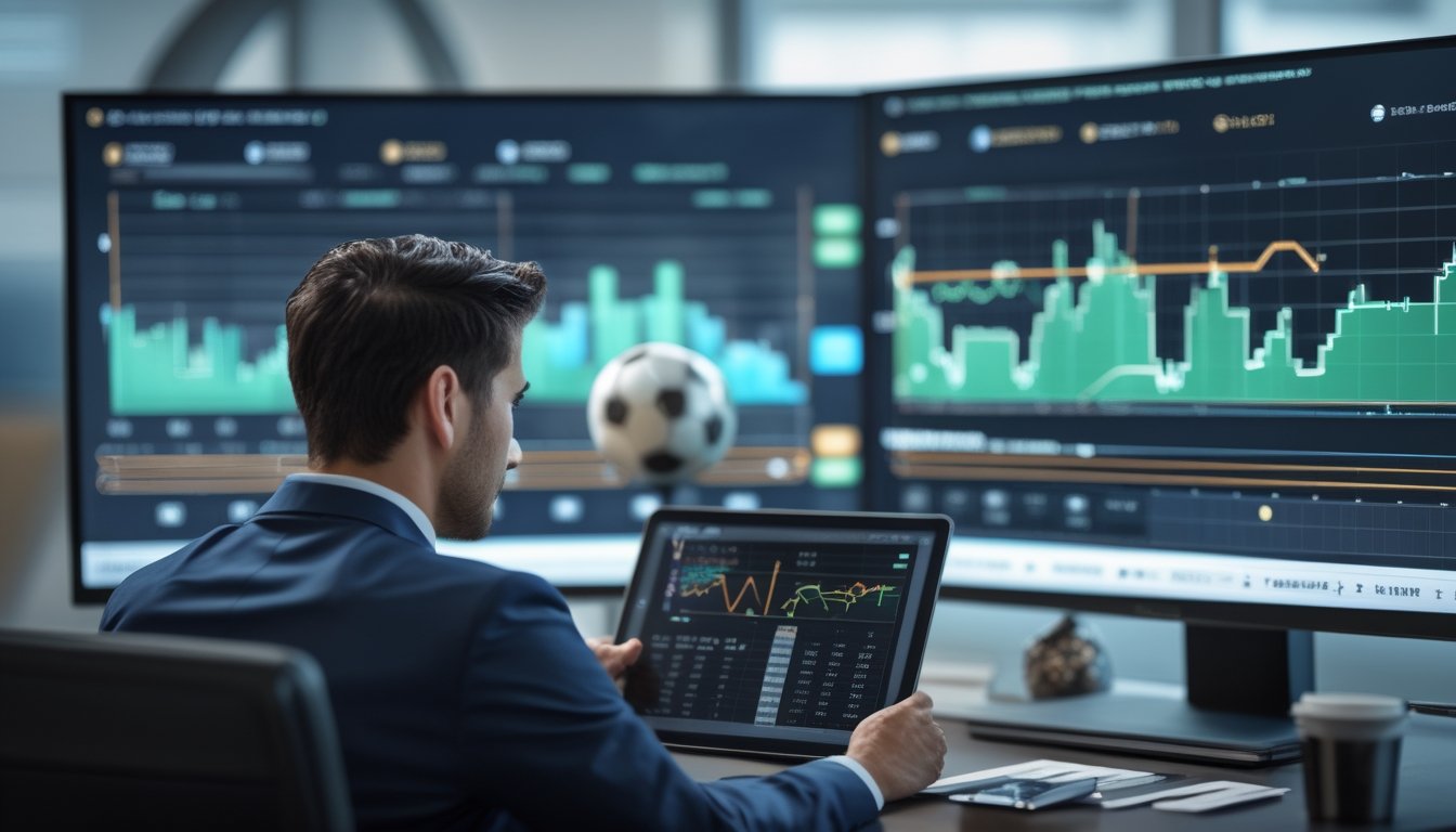 Seorang analis mempelajari grafik pergerakan handicap pertandingan sepak bola di meja kerja modern.