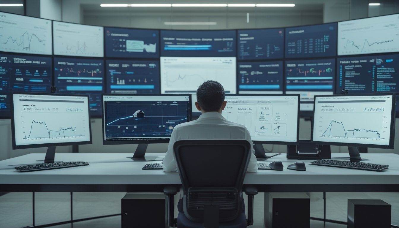 Analis data mempelajari statistik pertandingan sepak bola di beberapa monitor dalam ruang kerja modern.