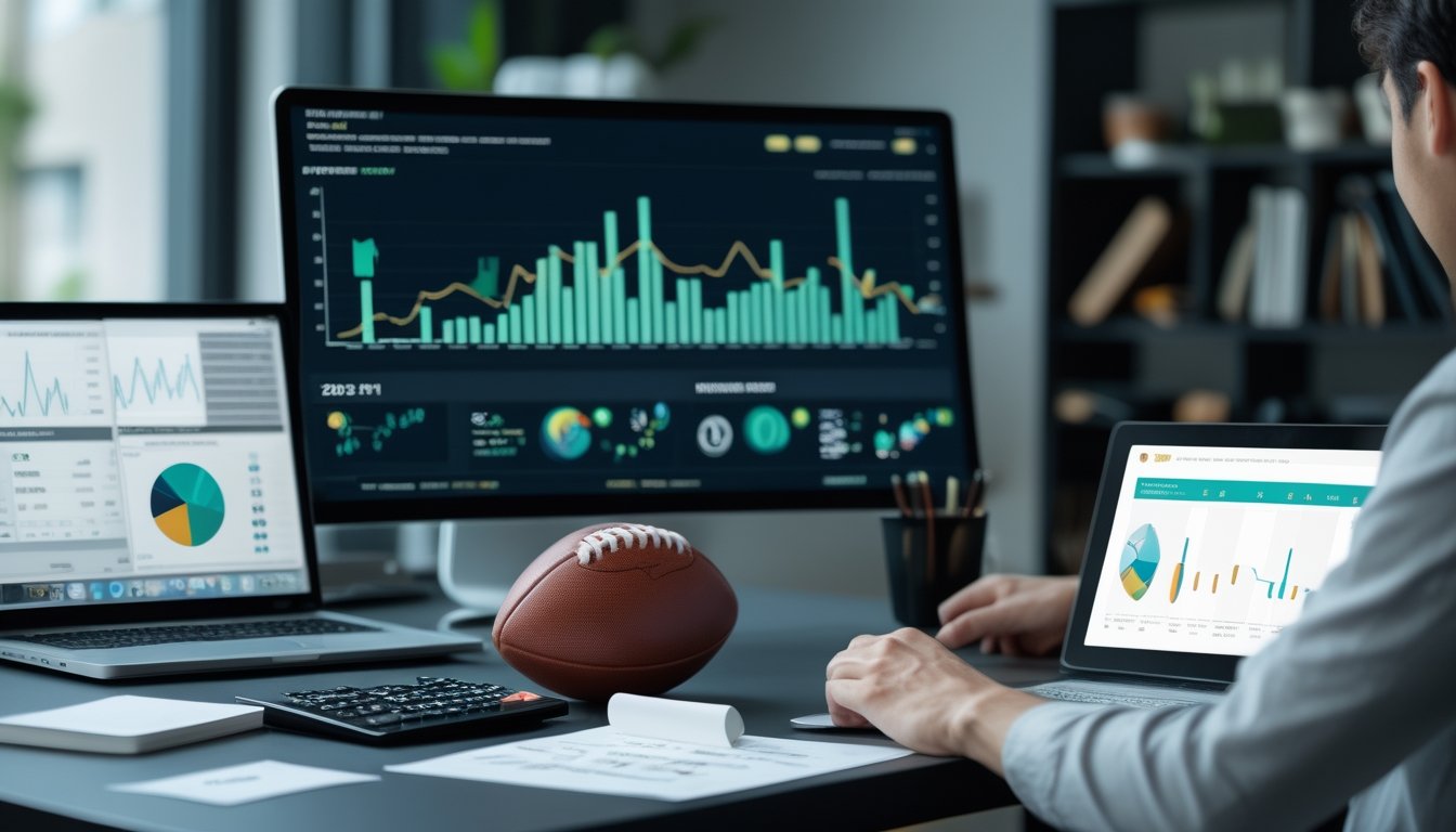 Analis sedang mengamati grafik statistik pertandingan sepak bola di ruang kerja modern dengan laptop dan bola sepak.