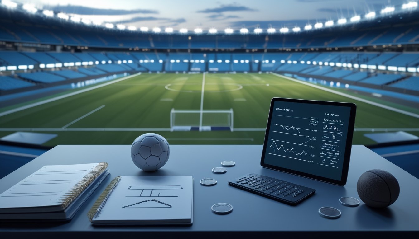 Meja analisis dengan bola sepak, tablet berisi grafik abstrak, buku catatan kosong, dan kalkulator di depan stadion sepak bola yang terang.