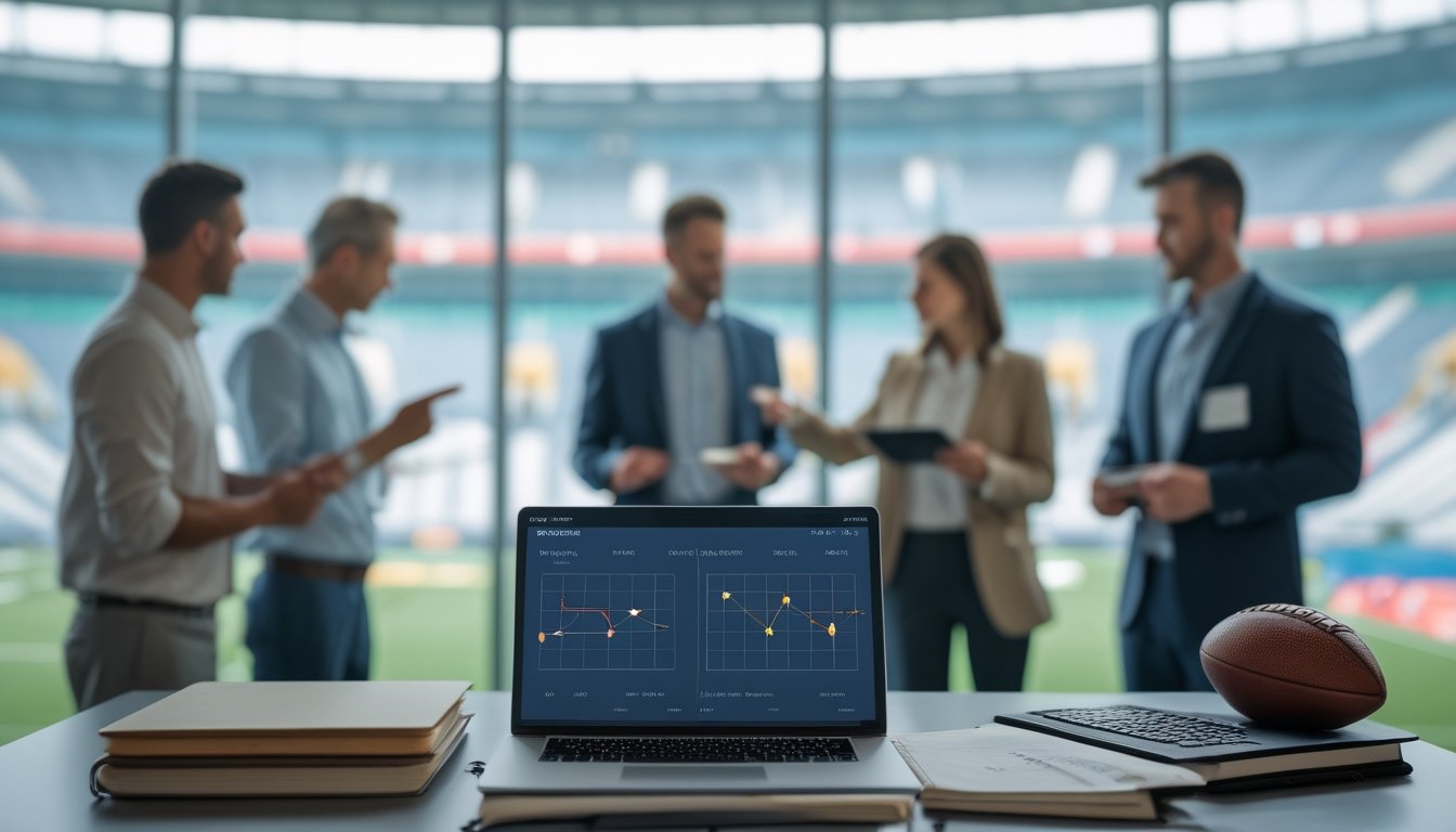 Analis olahraga membahas data pertandingan sepak bola di ruang kerja dengan stadion terlihat di latar belakang.