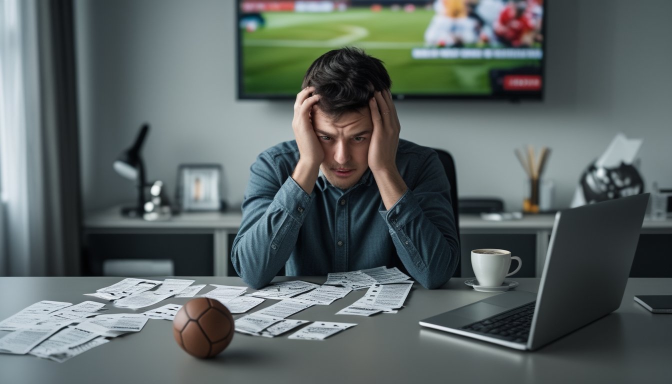 Pemula tampak bingung dan cemas saat menggunakan laptop dan ponsel untuk memasang taruhan sepak bola.