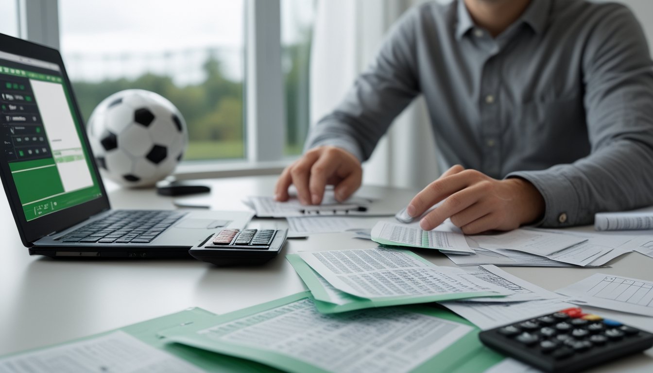 Pemula tampak bingung saat membandingkan statistik pertandingan dan beberapa slip taruhan di meja kerja.