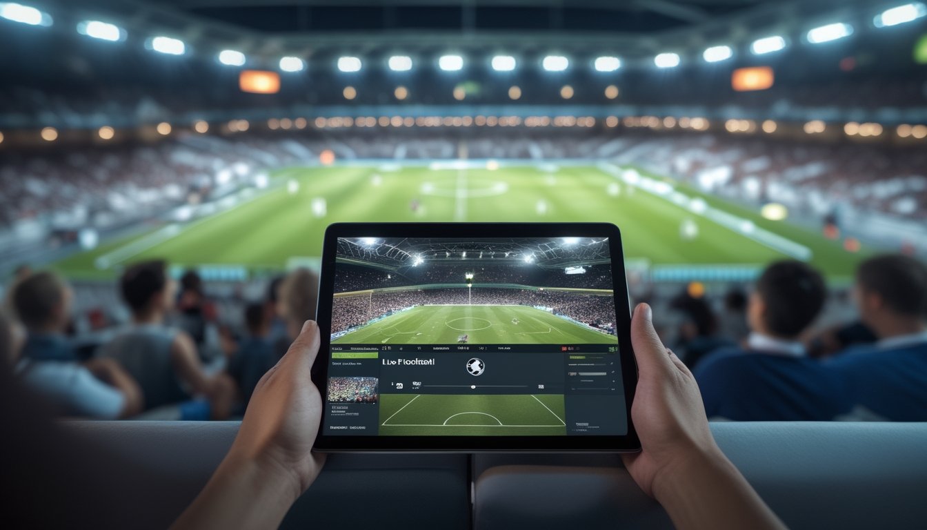 Penonton menyaksikan pertandingan sepak bola langsung melalui perangkat digital.