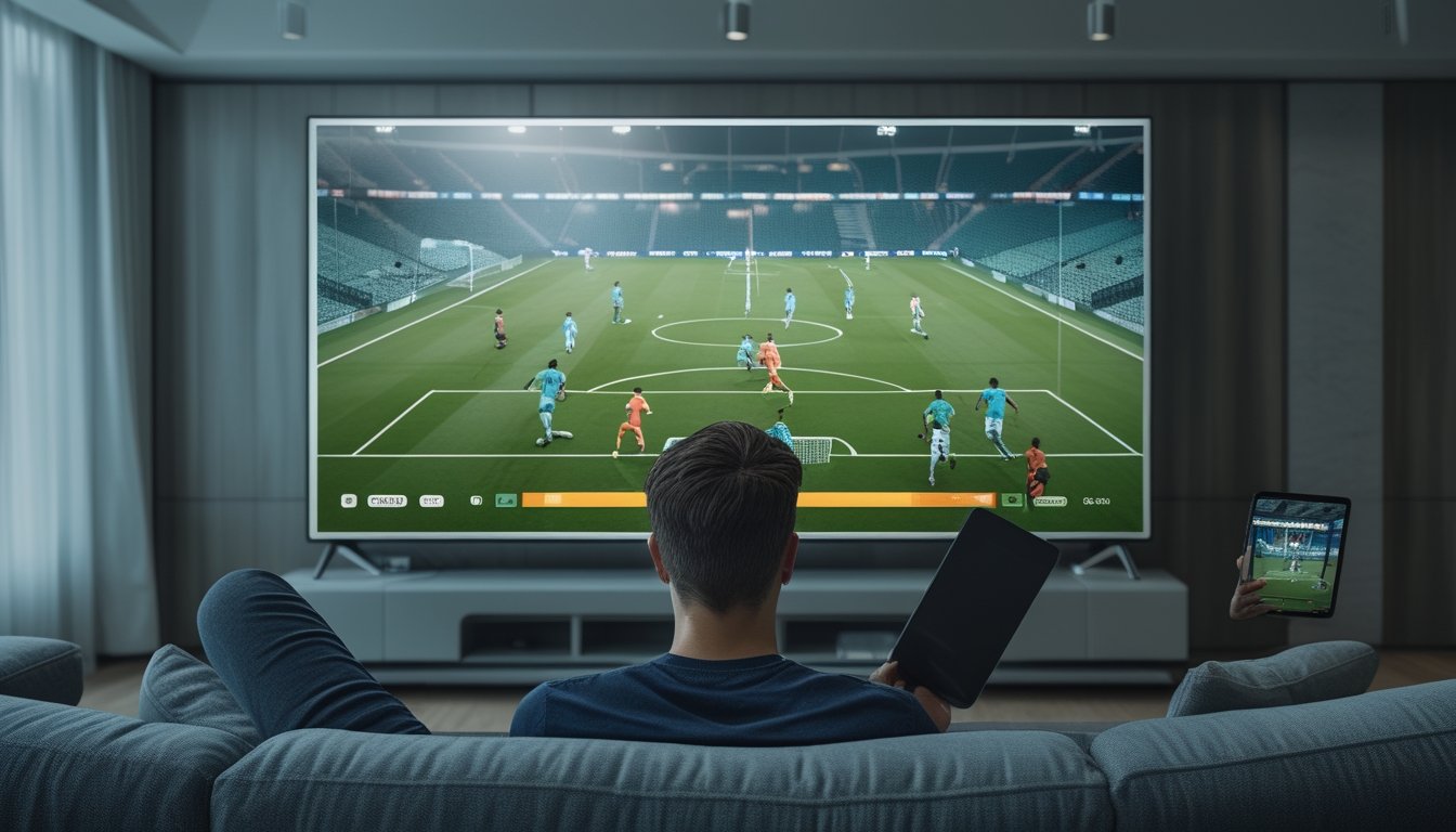 Penonton menyaksikan pertandingan sepak bola secara langsung melalui layar televisi di ruang keluarga.