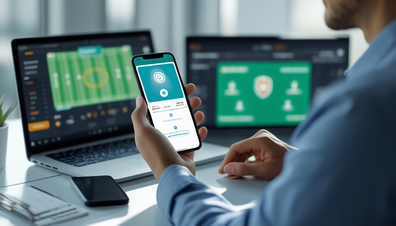 Seseorang menggunakan dompet digital di ponsel untuk transaksi olahraga daring.