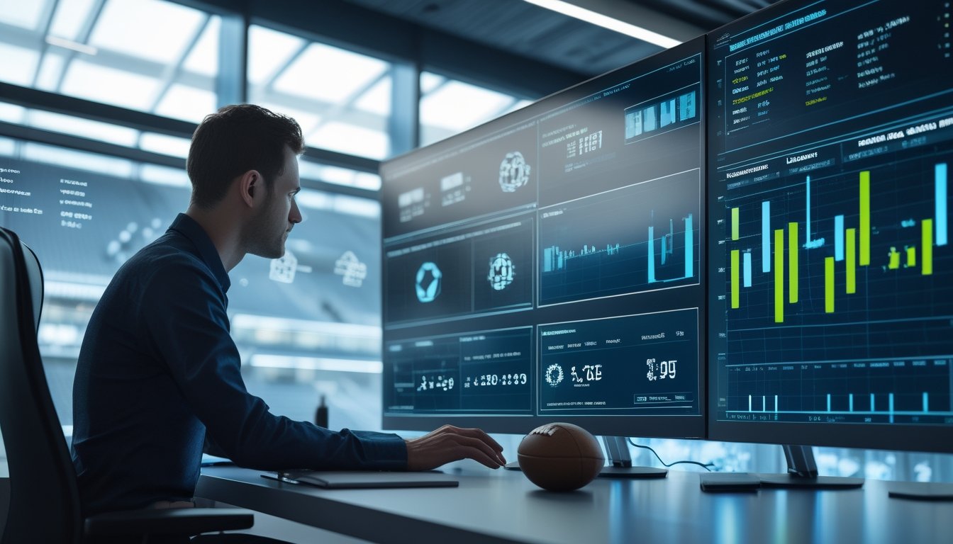 Seorang analis data mempelajari prediksi skor pertandingan sepak bola berbasis kecerdasan buatan di depan layar berisi grafik analitik.