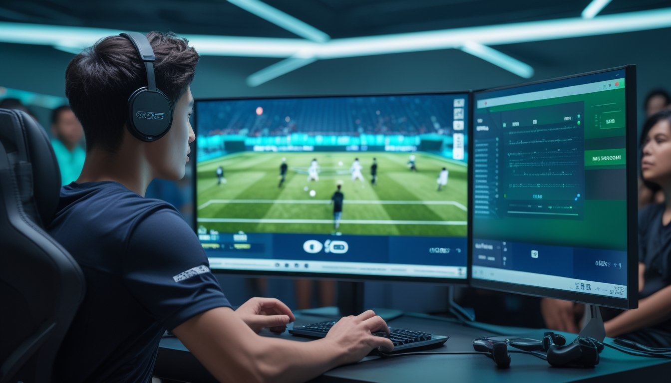 Pemain esports menyaksikan pertandingan sepak bola virtual di ruang permainan modern bersama beberapa penonton.