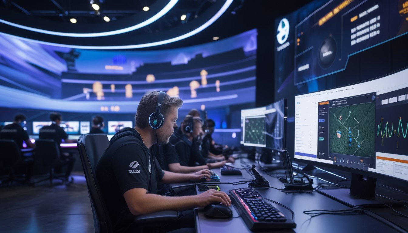 Pemain esports dewasa bertanding di venue modern dengan layar yang menampilkan visual pertandingan sepak bola virtual dan grafik data.