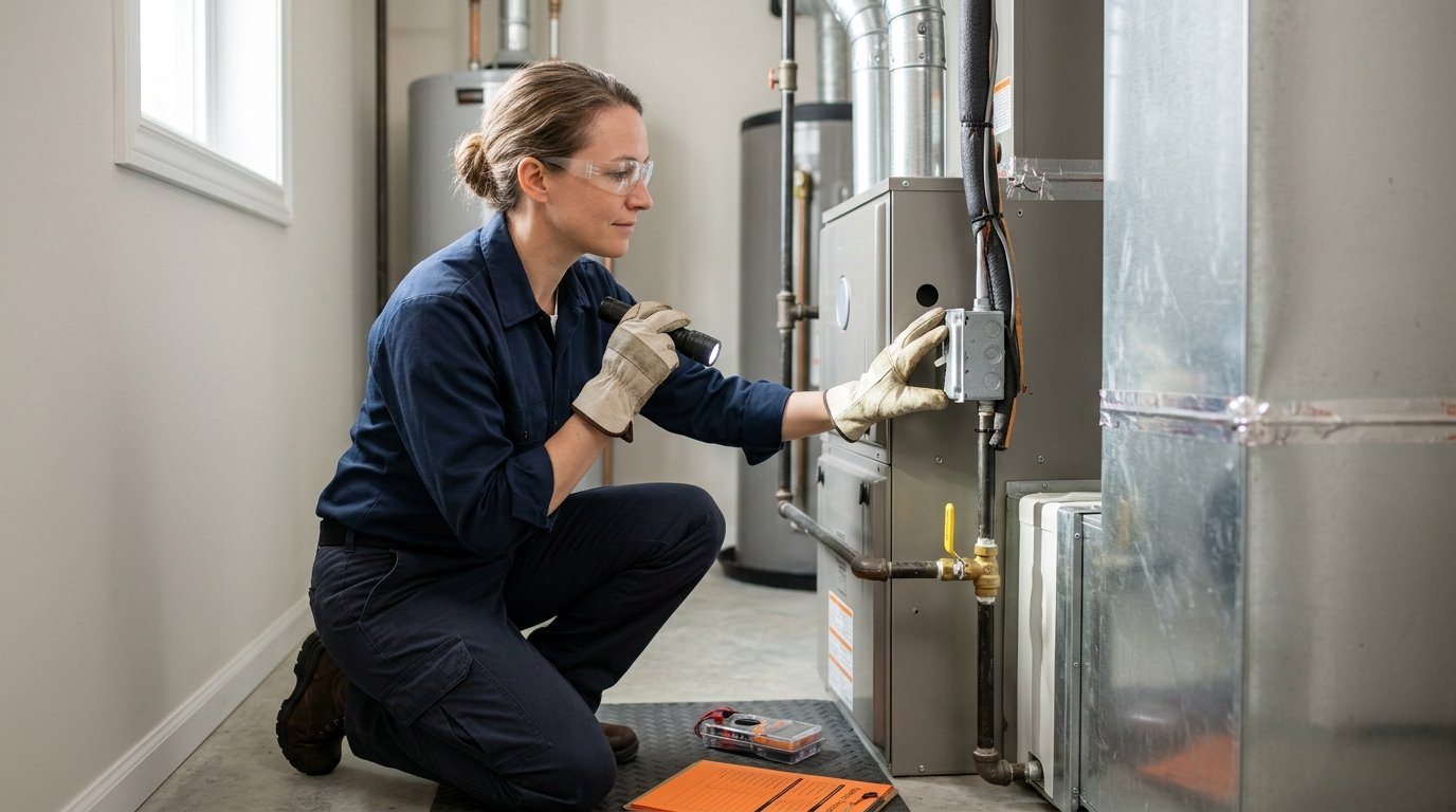 A homeowner wearing gloves and safety glasses carefully checks a furnace in a tidy utility room.