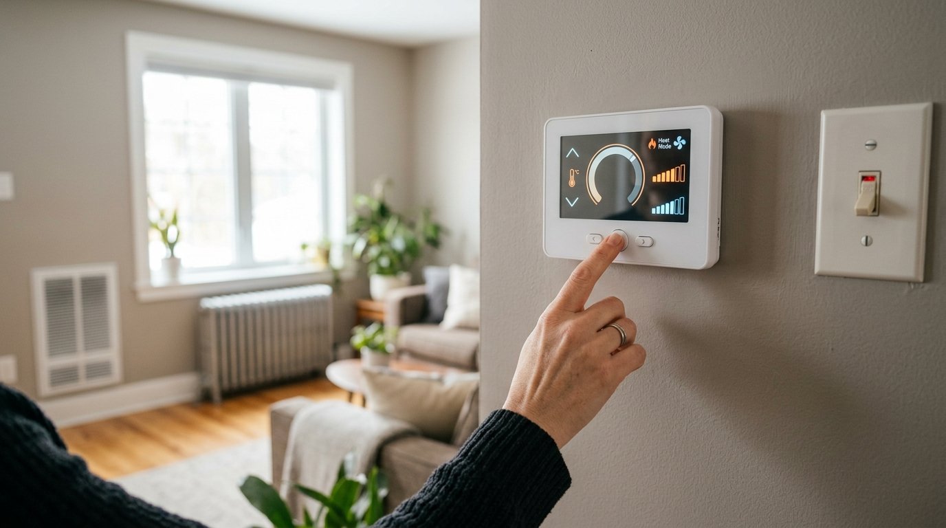 A homeowner adjusts a wall-mounted thermostat while checking the heating system in a home.