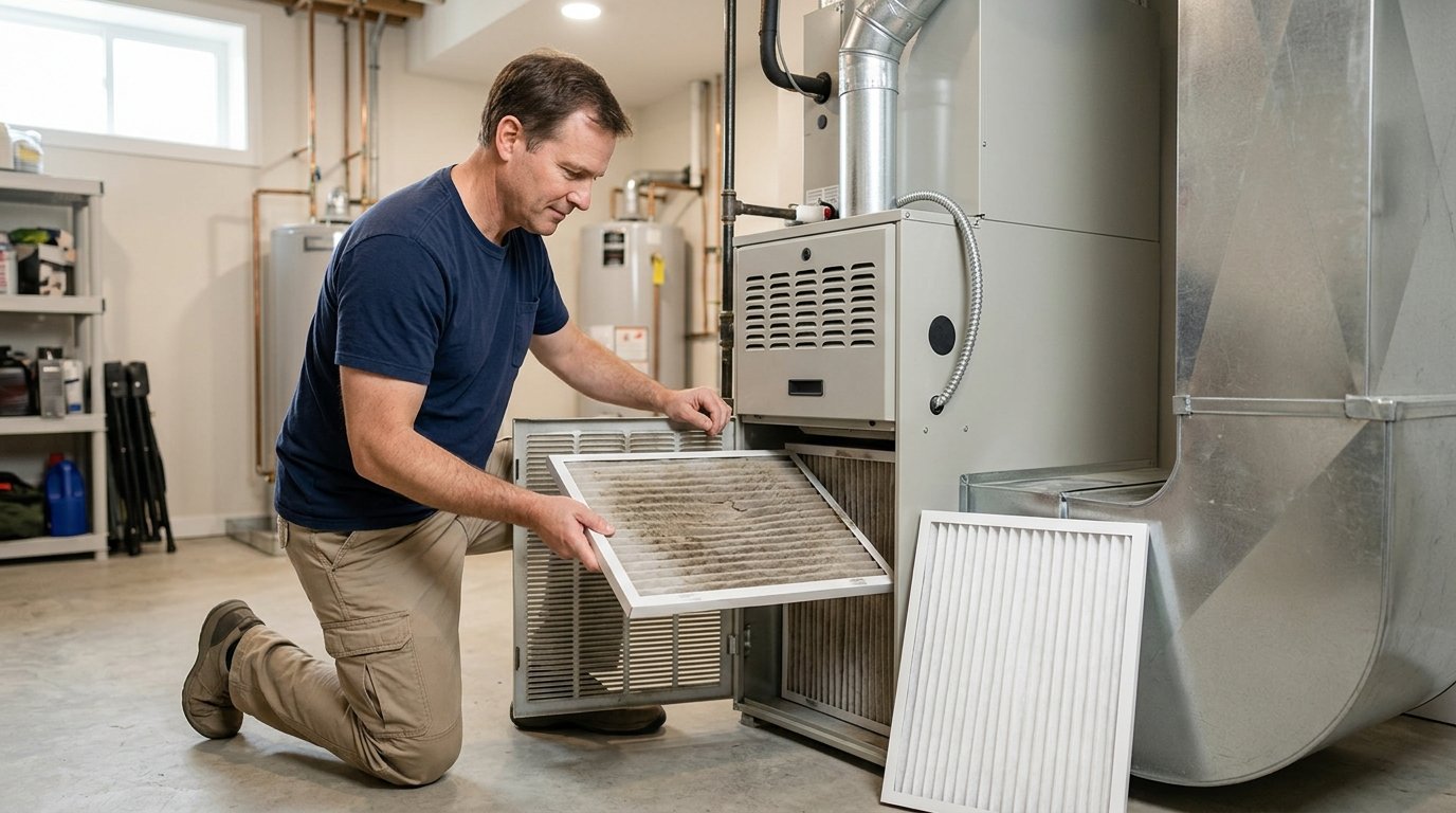 A homeowner inspects a dusty air filter beside a residential furnace.