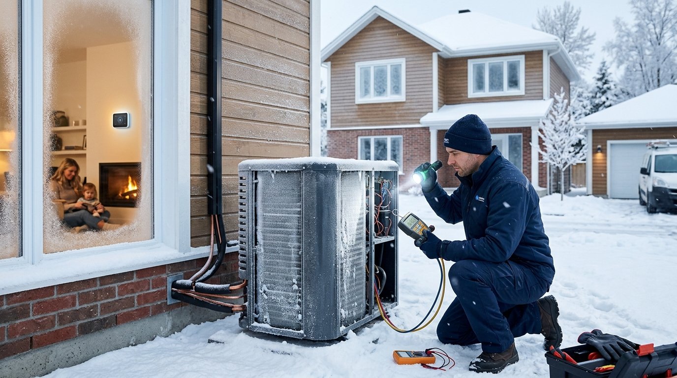 An HVAC technician inspects a frosted outdoor heat pump beside a warmly lit home in winter.