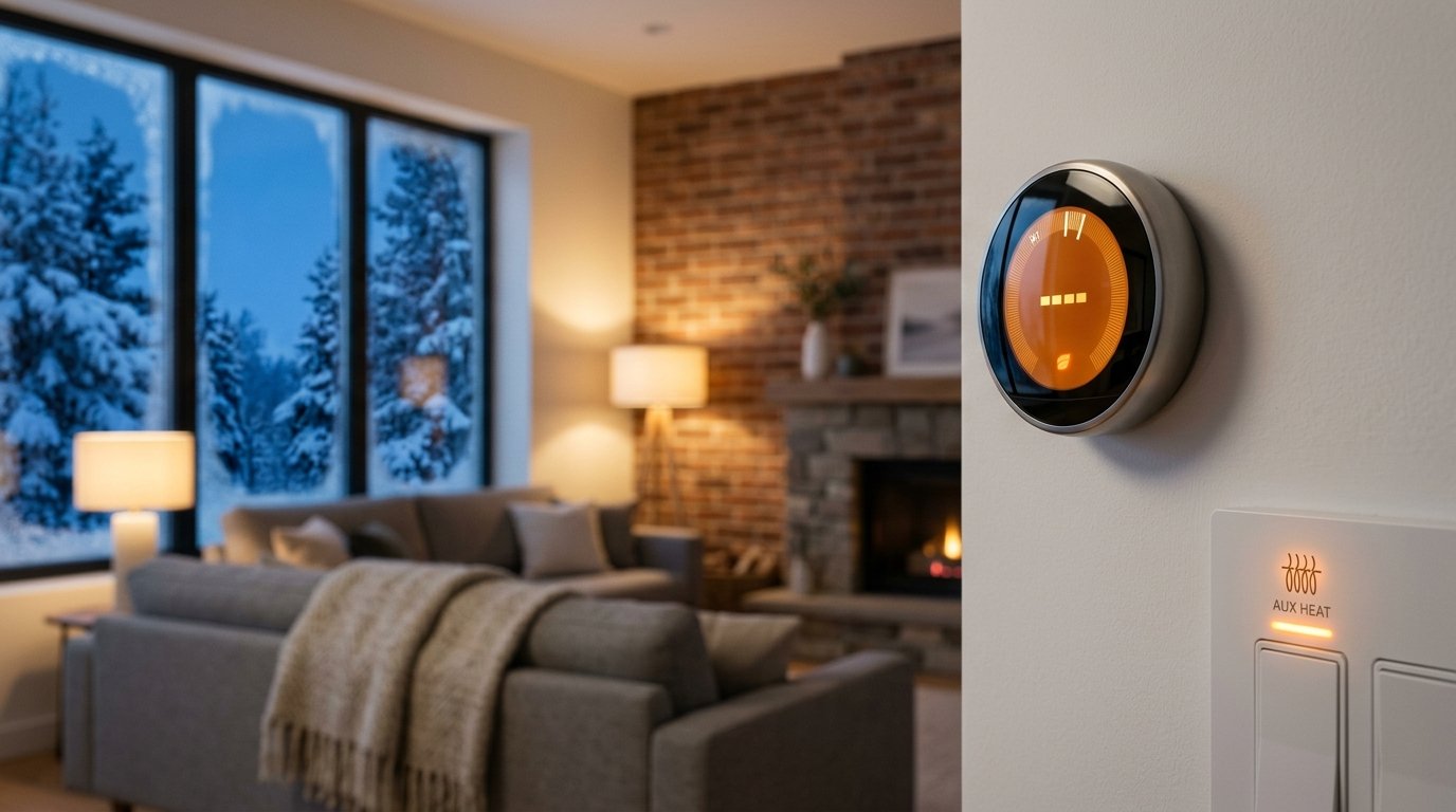 A warm living room with a thermostat and backup heating equipment during a snowy winter evening.