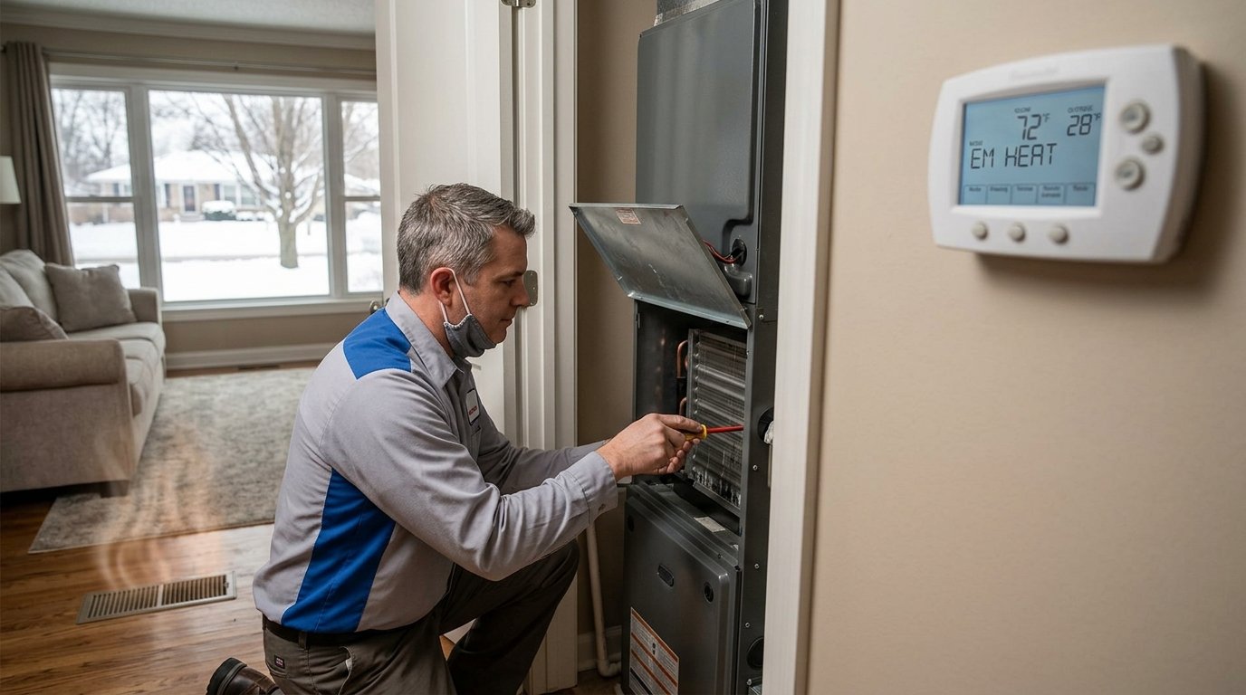 A technician inspects a home heating system while a thermostat operates backup heat on a cold winter day.