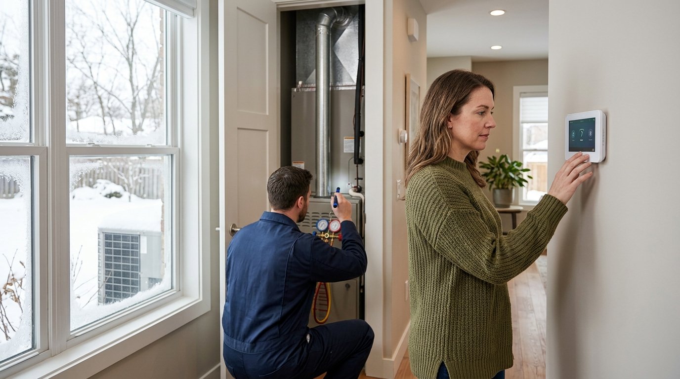 A homeowner and HVAC technician inspect a home heating system during snowy winter weather.