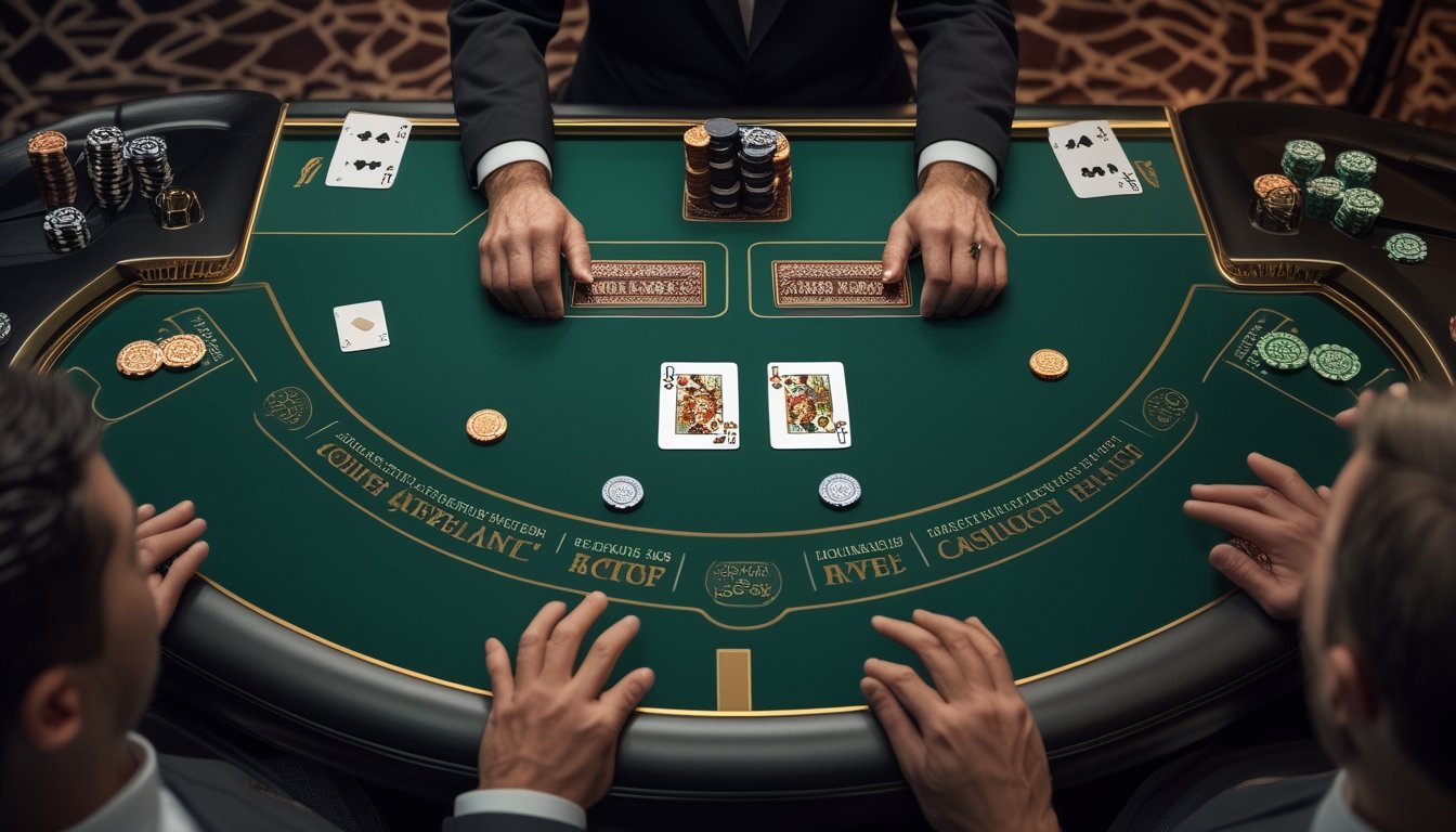 Pemain dewasa menganalisis kartu dan keping taruhan di meja blackjack kasino.