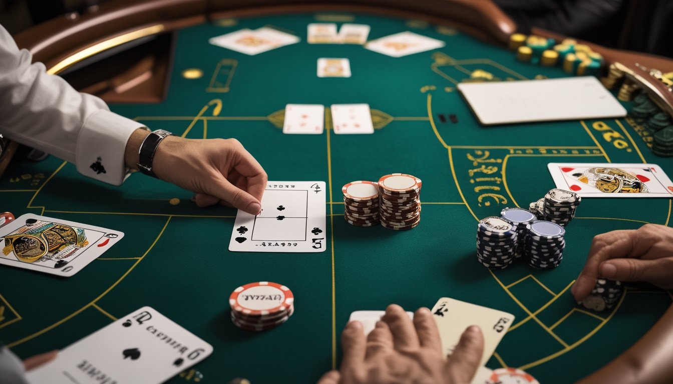 Meja blackjack dengan kartu terbuka, tumpukan chip, dan tangan dealer yang sedang mengatur permainan.