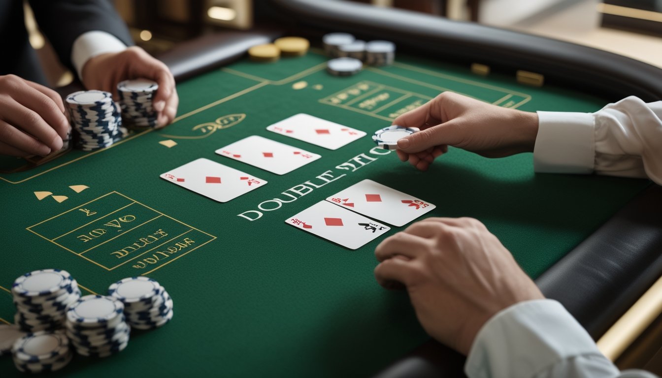 Tangan pemain menambahkan chip taruhan pada meja blackjack dengan kartu terbuka dan dealer di latar belakang.