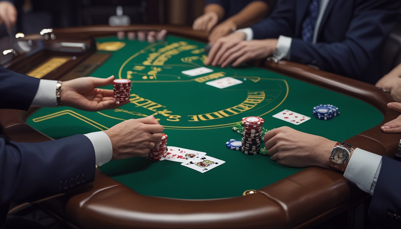 Pemain menempatkan chip tambahan di meja blackjack dengan kartu terbuka dan dealer di latar belakang.
