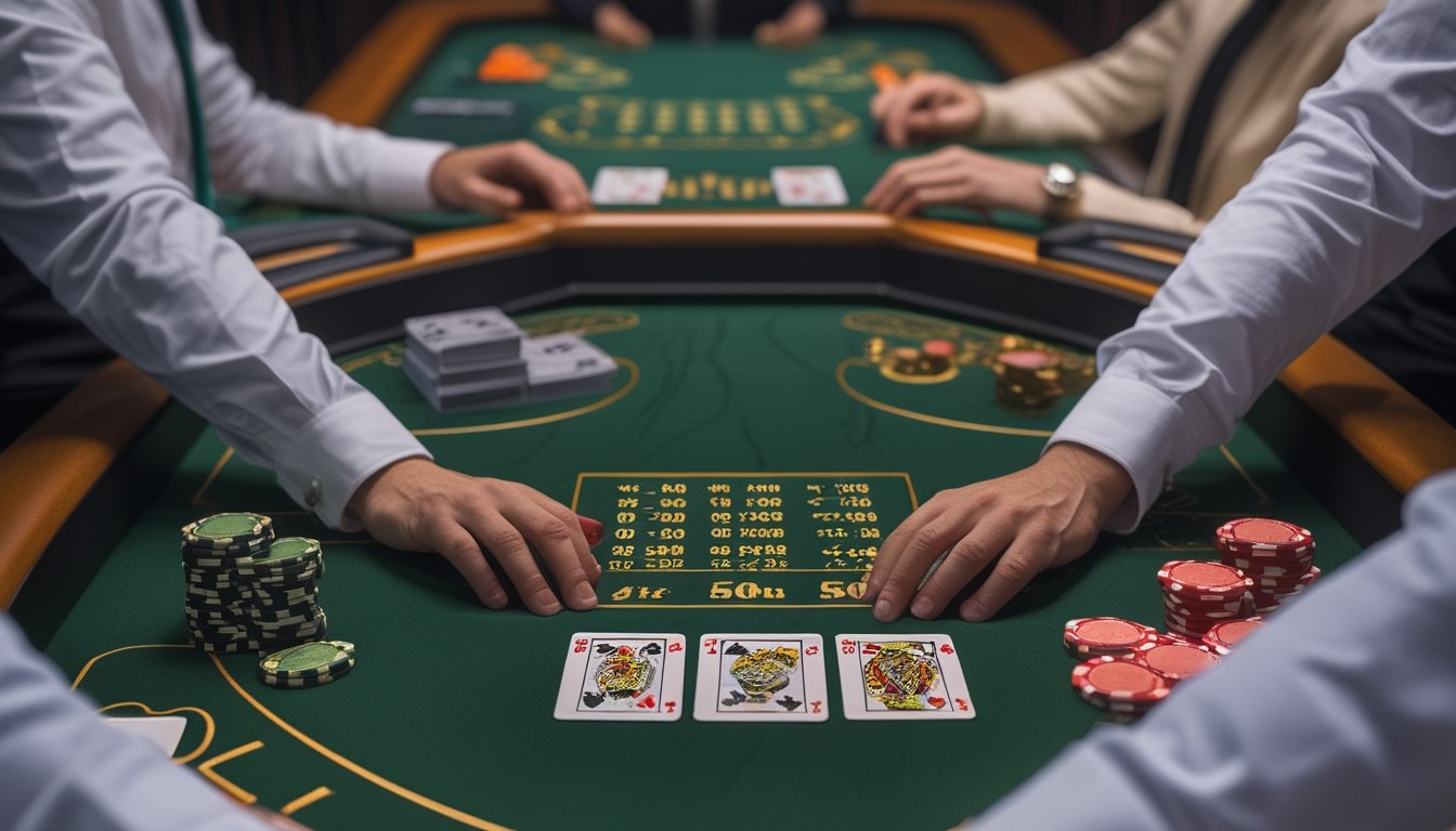 Pemain dan dealer berada di meja blackjack dengan kartu terbuka dan keping taruhan, dalam suasana kasino modern.