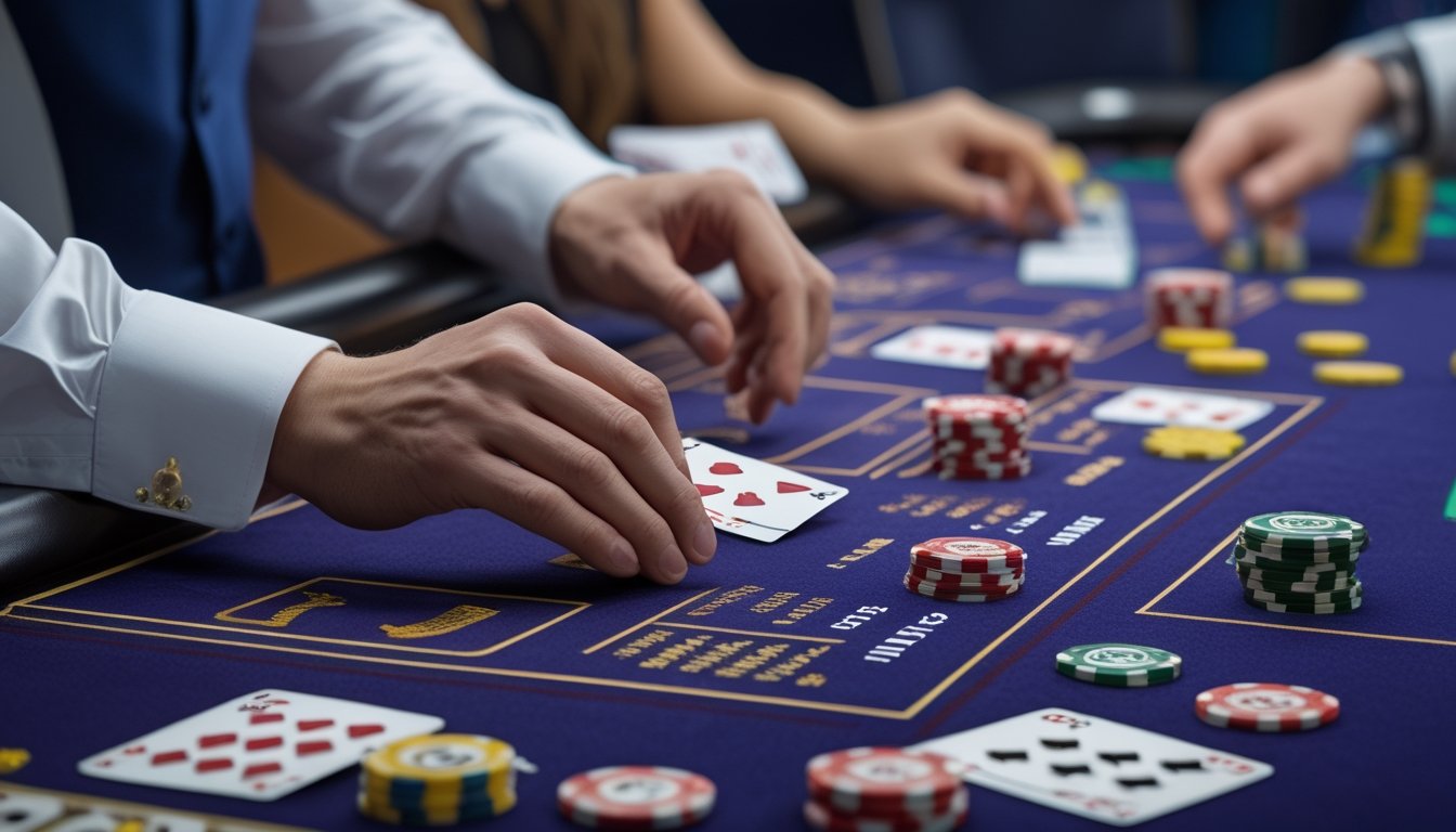 Dealer menata kartu dan chip di meja kasino sambil menganalisis strategi permainan.