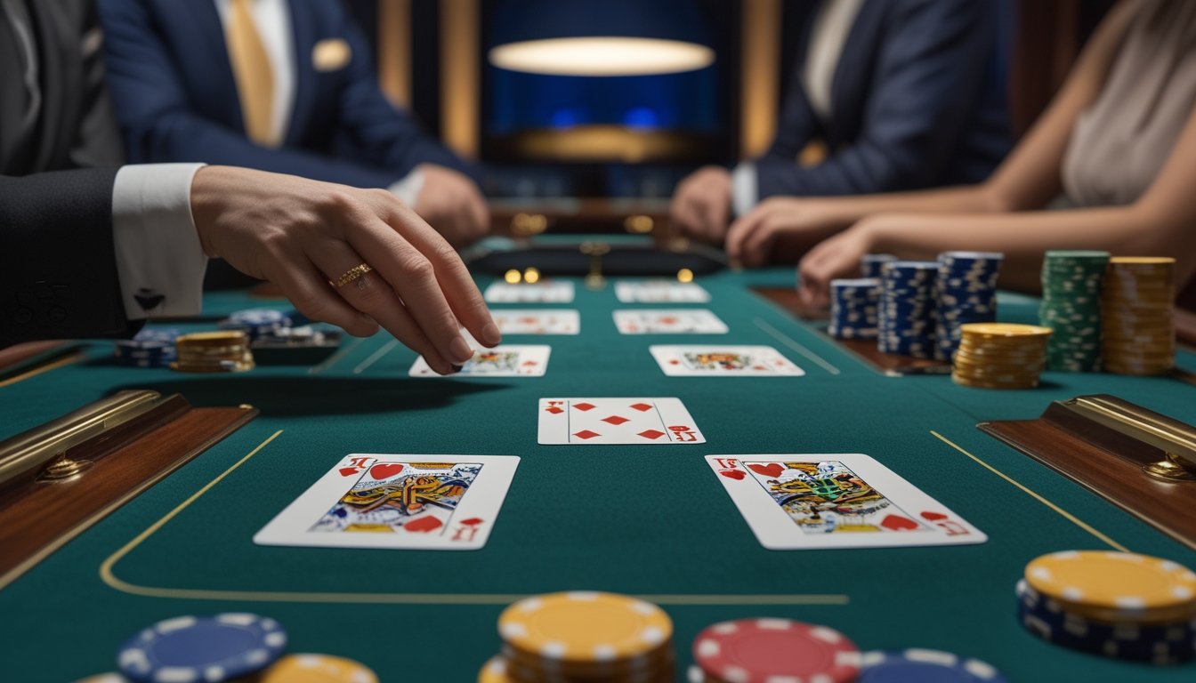 Meja blackjack dengan kartu dealer yang terbuka, kartu pemain, dan keping taruhan di bawah pencahayaan kasino.